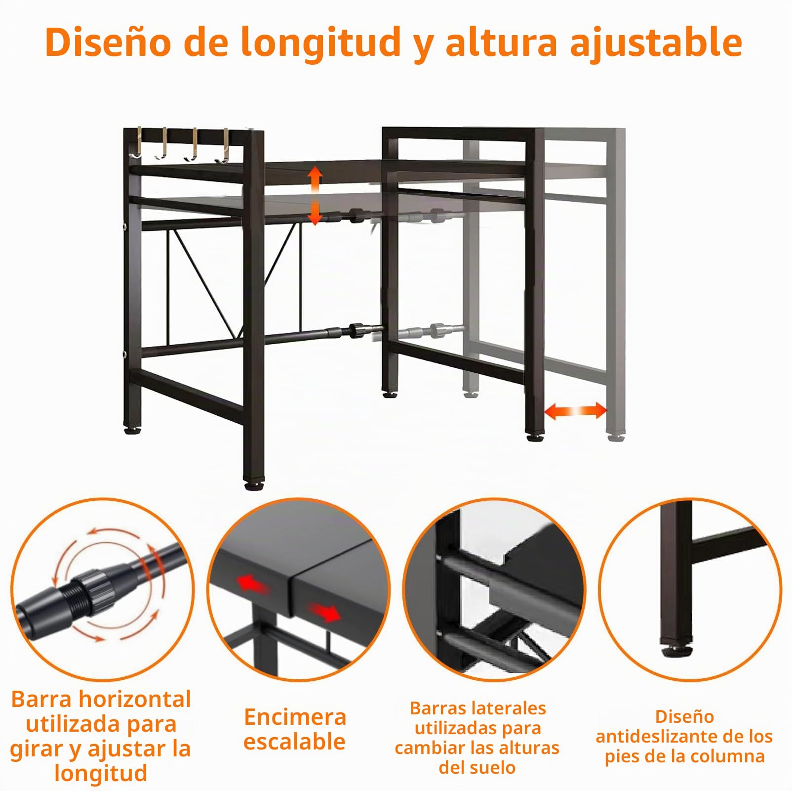 Soporte Microondas Ajustable 2 Niveles con 4 Ganchos, Mueble MicroOndes Estantería de Encimera Extensible, Estante Cocina vertical Organizador Hornos Negro para Tabla de Cortar, Barra, Utensilios
