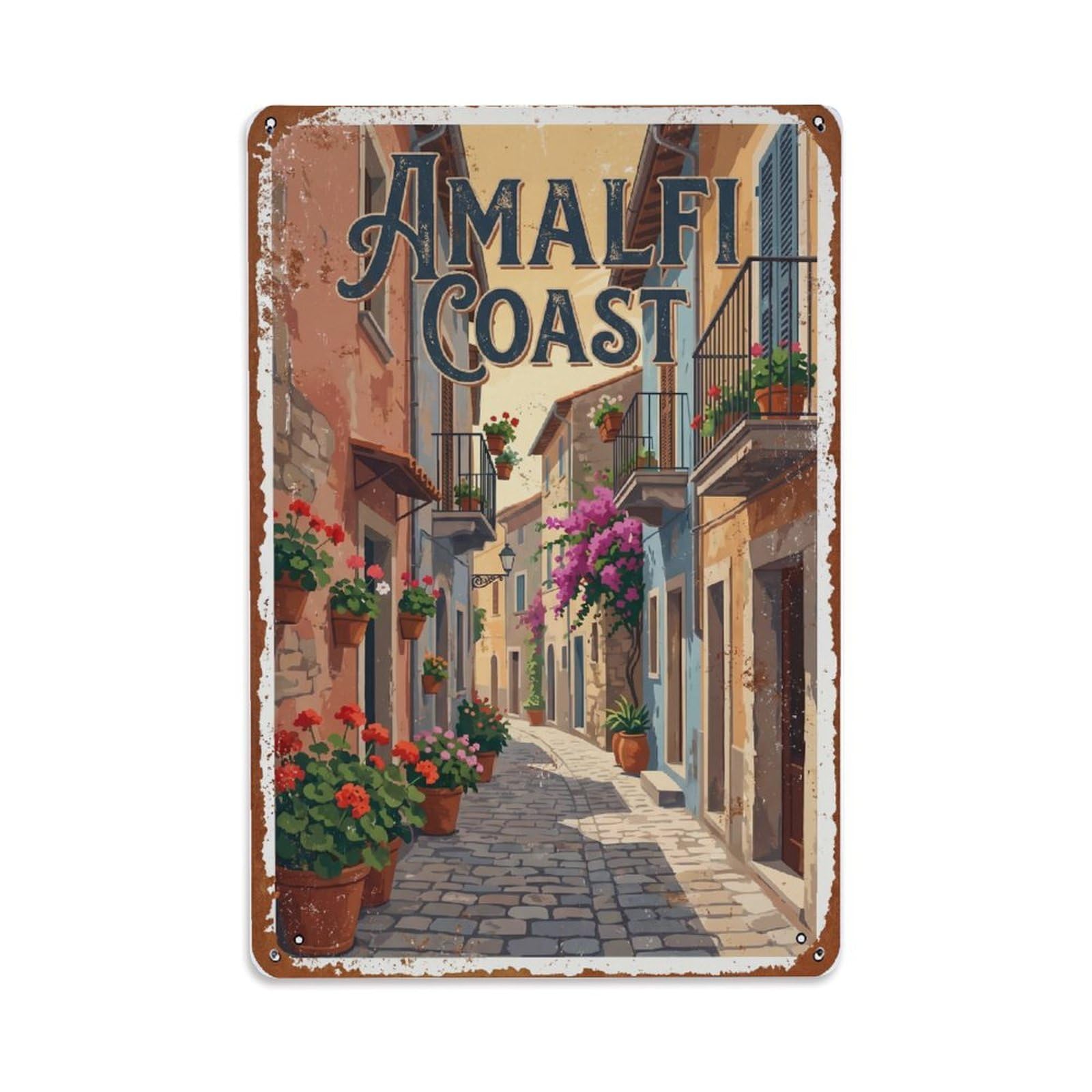 Vintage Travel Lane Italy Village Metal Tin Sign Plaque Wall Decor for Cafe, Club Bar, Office, Home Garden Metal Poster 8x12Inch