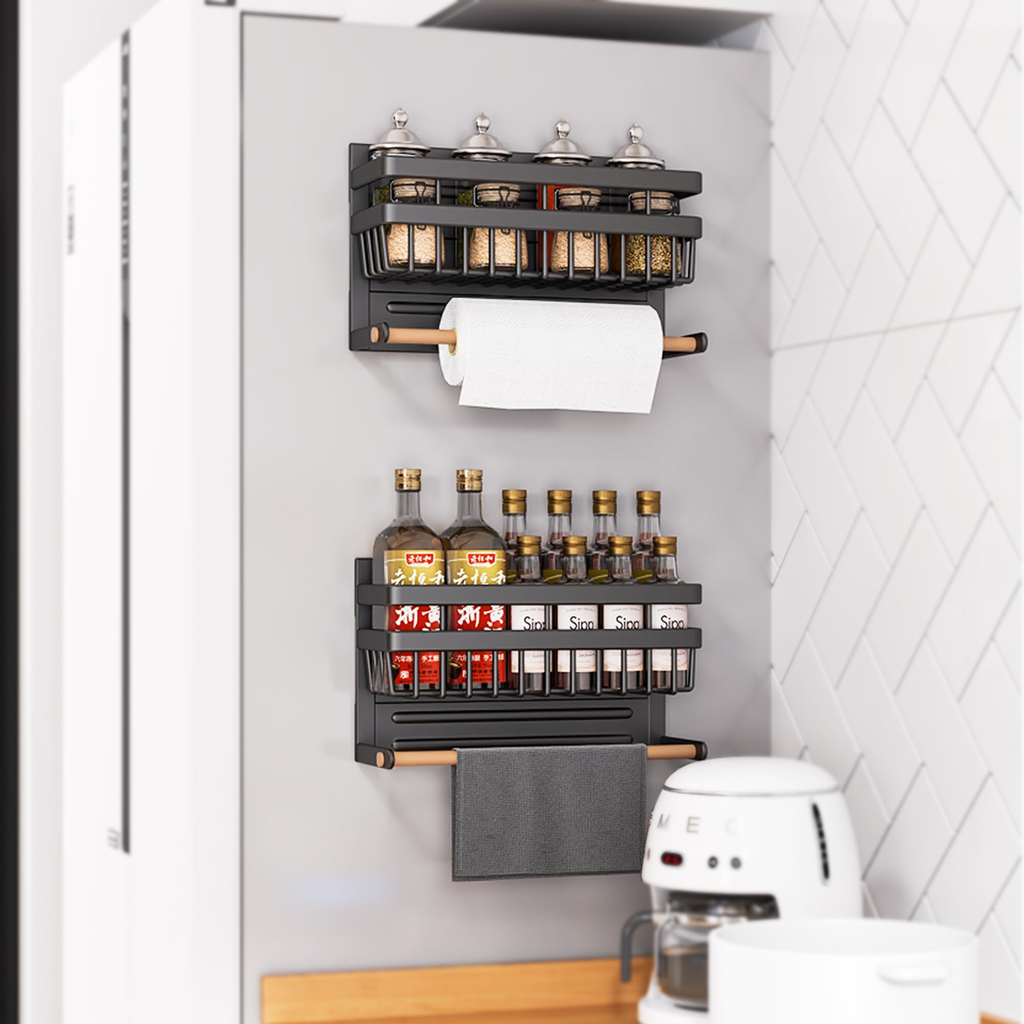 Sleclean Spice Rack, Pack of 2, paper towel holder magnetic,Refrigerator Organizers and Storage, Multi Use Kitchen Shelf,11.8"x4.5"x6.3",Black