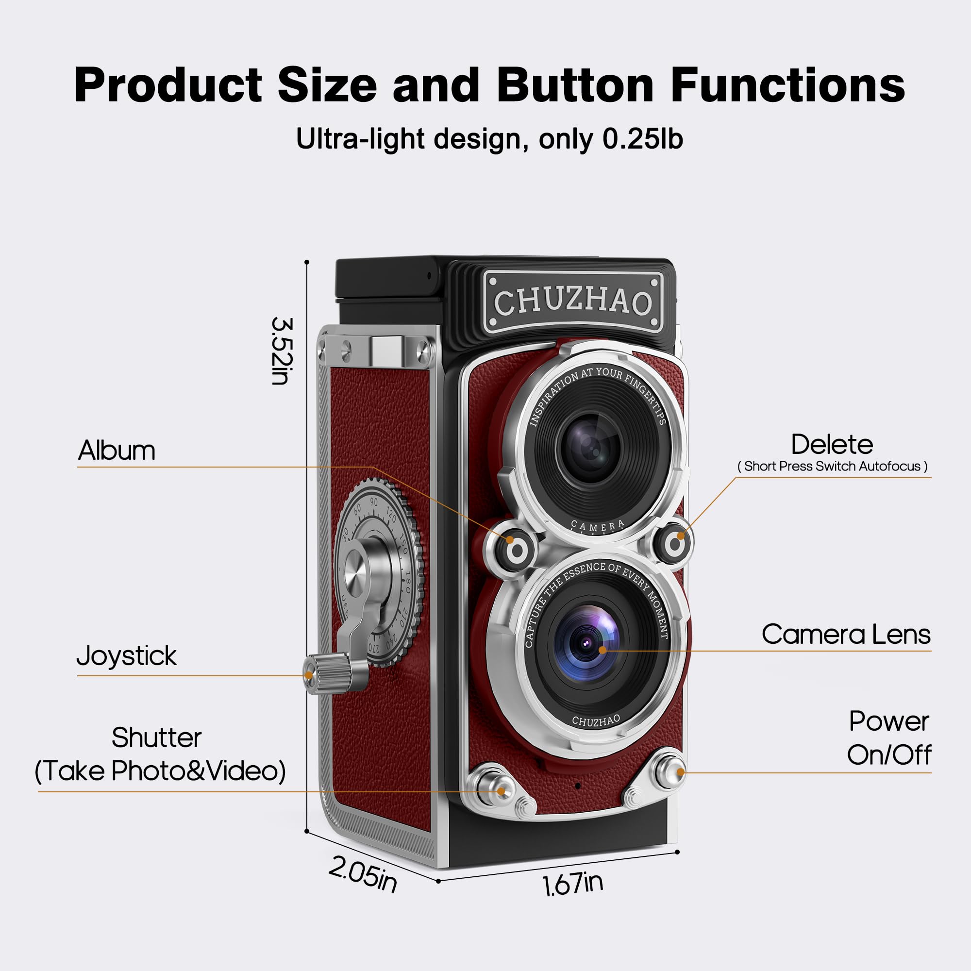 CHUZHAO - Mini cámara digital vintage, estilo TLR portátil, apunta y dispara, compacta, bolsillo pequeño, 1080P, FHD, video de 12 MP, cámara de vlogging con enfoque automático con tarjeta de 16 GB