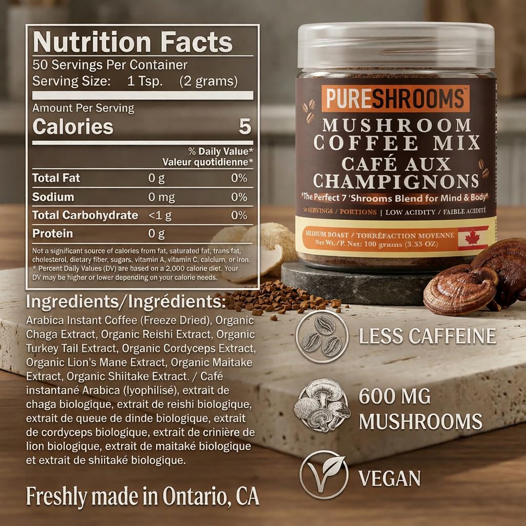 Perfect 7 Instant Mushroom Coffee, Colombian Arabica + 7 Organic Mushroom Extracts (Lion’s Mane, Reishi, Cordyceps, Chaga, Shiitake, Turkey Tail, Maitake) | Low Acid | 600mg Extracts per Serving
