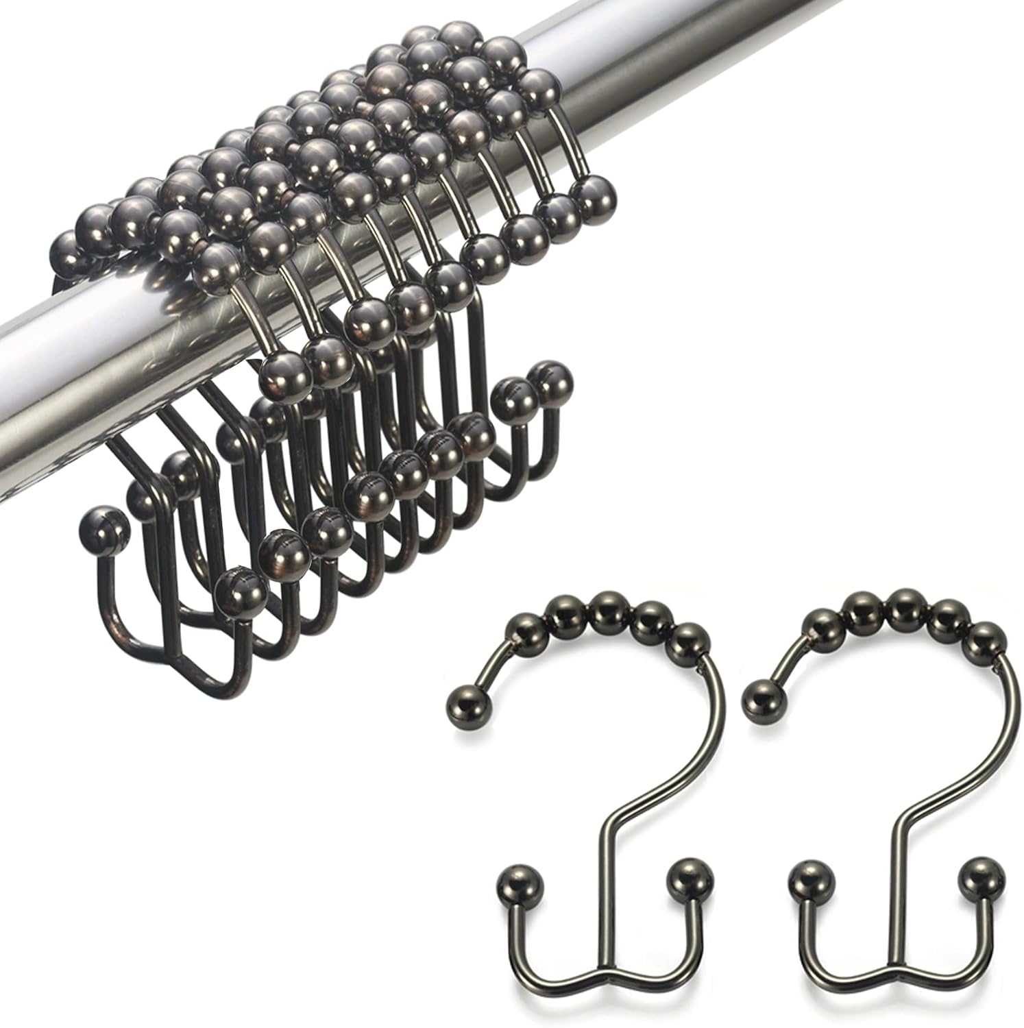 Amazer Shower Curtain Hooks Rings, Bronze Shower Curtain Hooks, Rust-Resistant Stainless Steel Shower Curtain Rings, 12 Pcs Double Shower Hooks for Shower Curtain, Shower Hooks Oil Rubbed Bronze