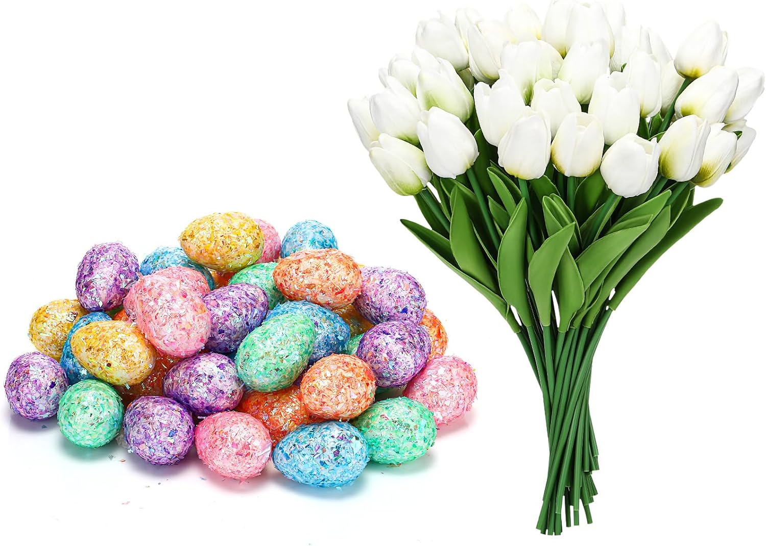 Canlierr 72 Pcs Spring Table Centerpiece Decor Set, Artificial Tulips with Pastel Eggs, Vase Fillers for Home, Wedding, Party, Farmhouse Decoration(Macaron Color)