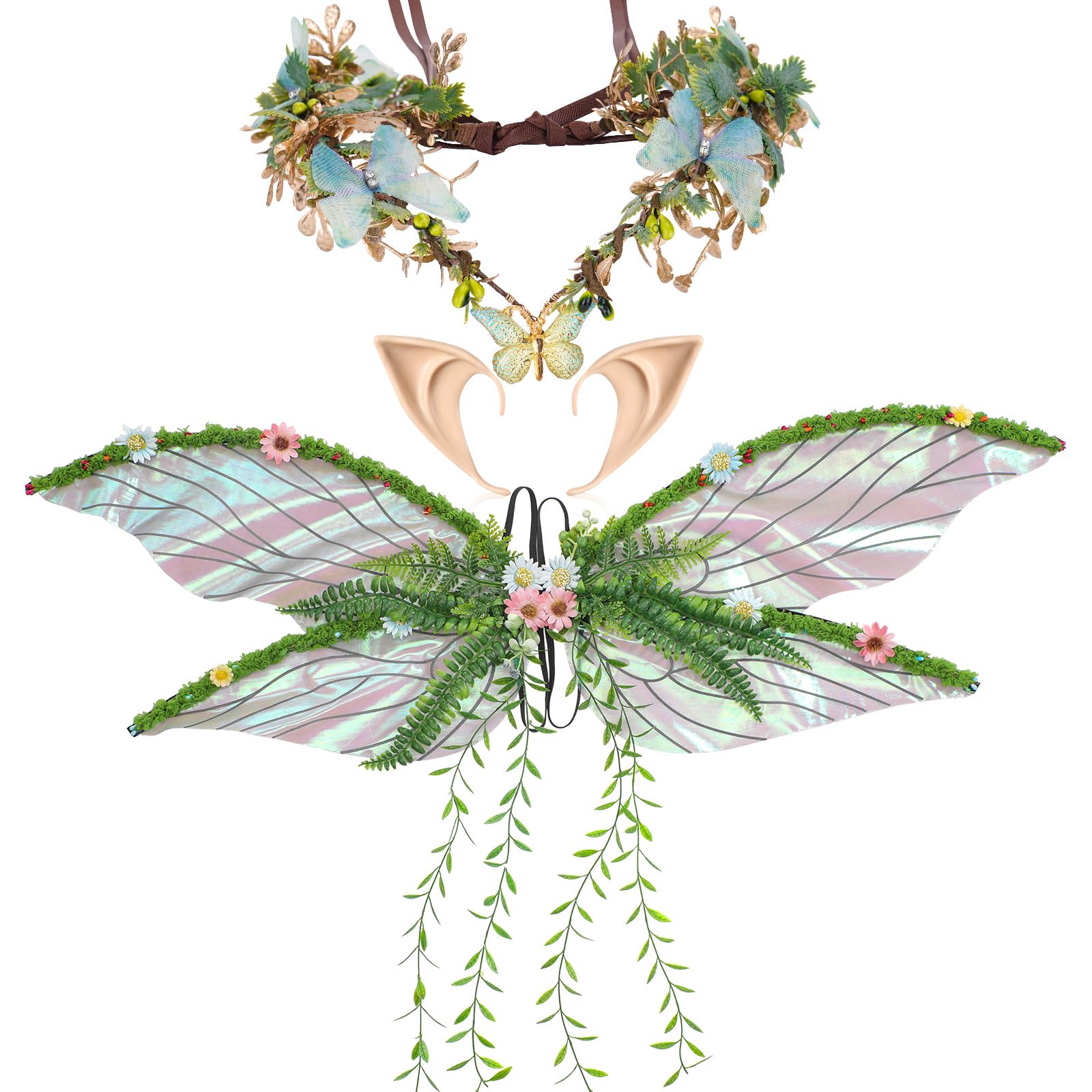 PartyforU Green Fairy Wings 3 Pcs Fairy Costumes Set for Adults Butterfly Wings Flower Crown Elf Ears Fancy Dress for Carnival Renfaire Cosplay Costume Accessories