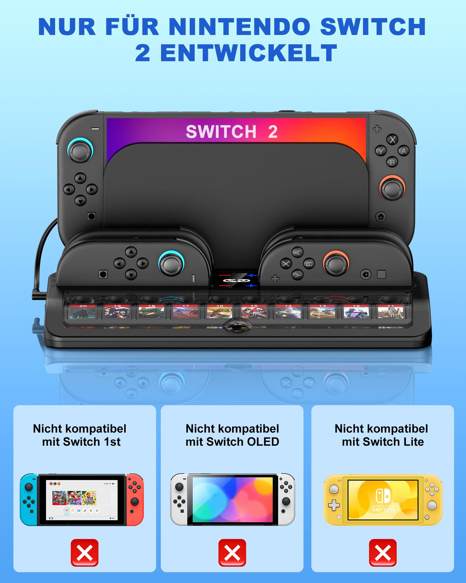 Switch Ladestation für Nintendo Switch 2, 2.5 Stunden Controller Ladestation für Joycons mit 20 Spielesteckplätzen, Spiele Aufbewahrung Docking Station Zubehör