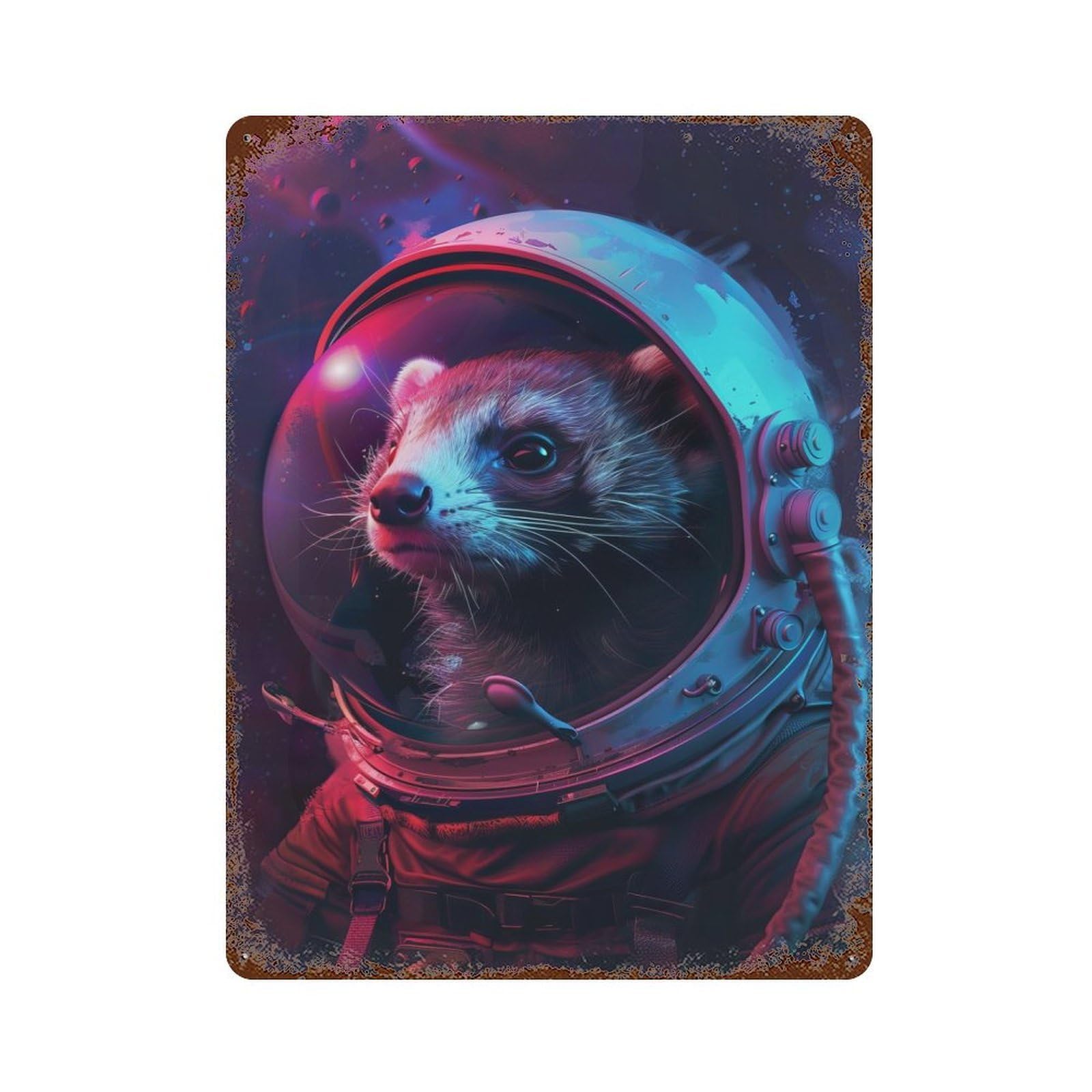 Ferret Astronaut Aged Metal Wall Plaque 15.7"x11.8", Old School Wall Decor for Garage, Bar And Workshop Decor