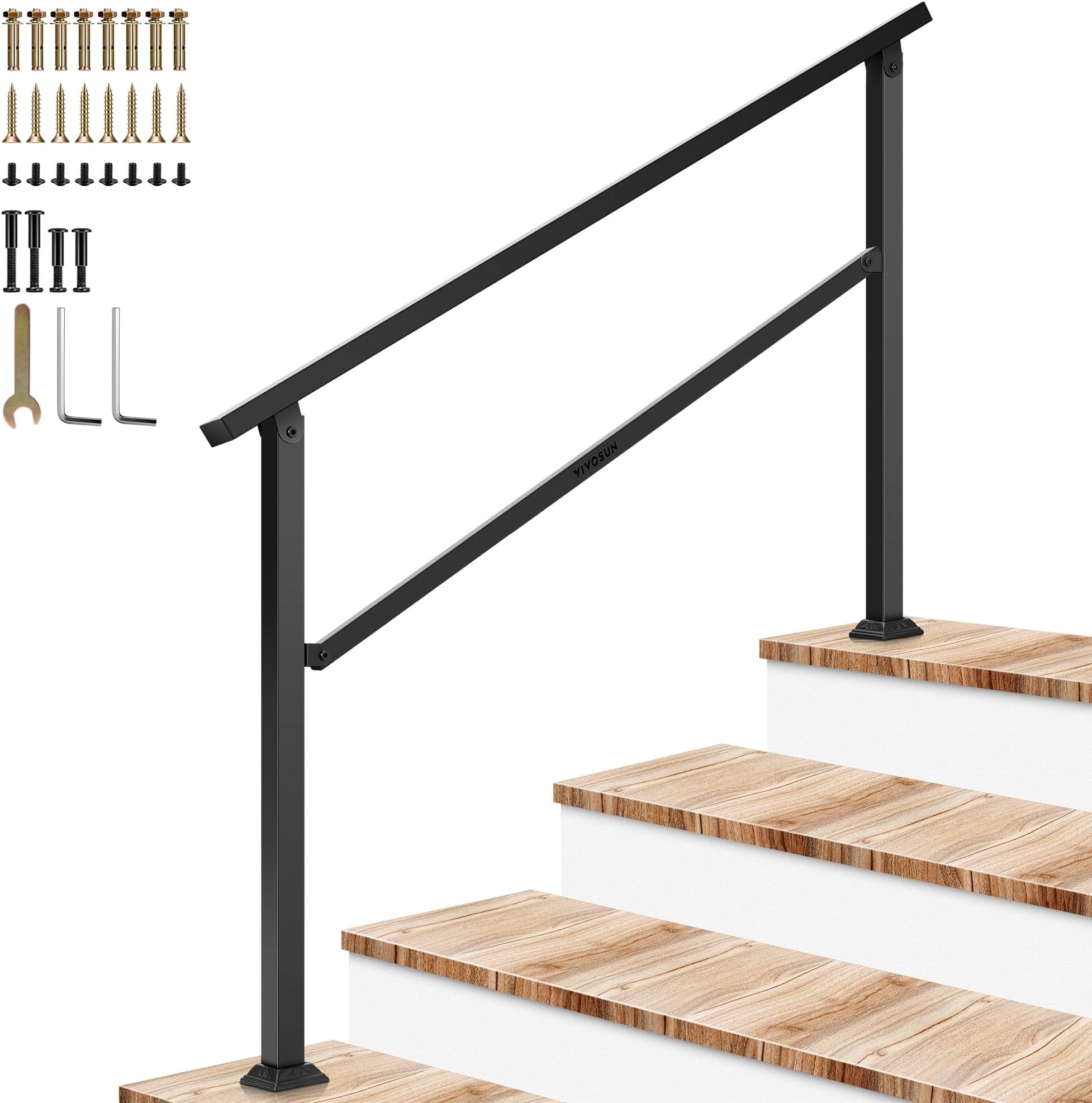 VIVOSUN Outdoor Handrail, 4 Step Stair Handrail, 54" x 36" Fits 1 to 4 Steps, Wrought Mattle Iron Handrail for Concrete Steps, Porch Steps, One-Step Assembly, Black