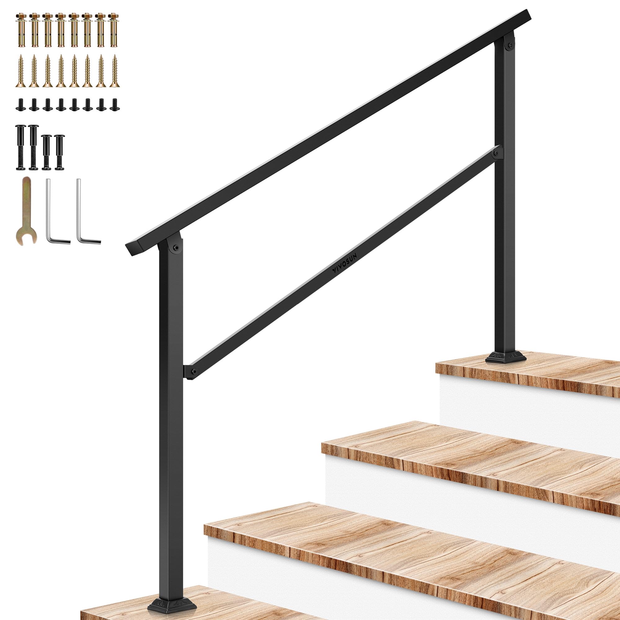 VIVOSUN 4-Step Stair Handrail 54"x36" Wrought Iron Porch Railing Black