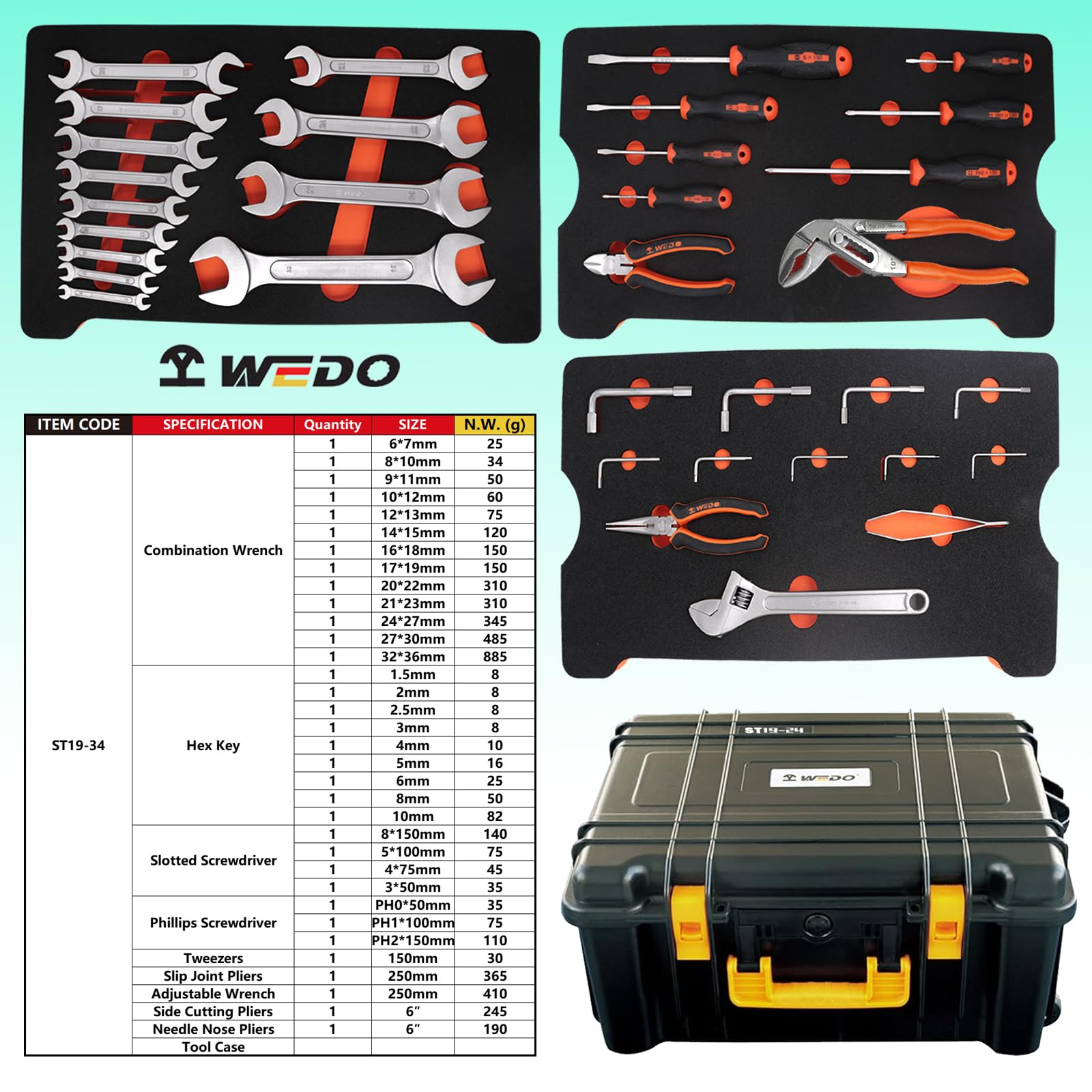 WEDO 34 szt. zestaw narzędzi ze stali nierdzewnej, 13 szt. klucz kombinowany 6-32 mm, śrubokręt krzyżakowy #0, #1, #2, śrubokręt płaski, szczypce do przegubów ślizgowych, klucz sześciokątny 1,5-10 mm