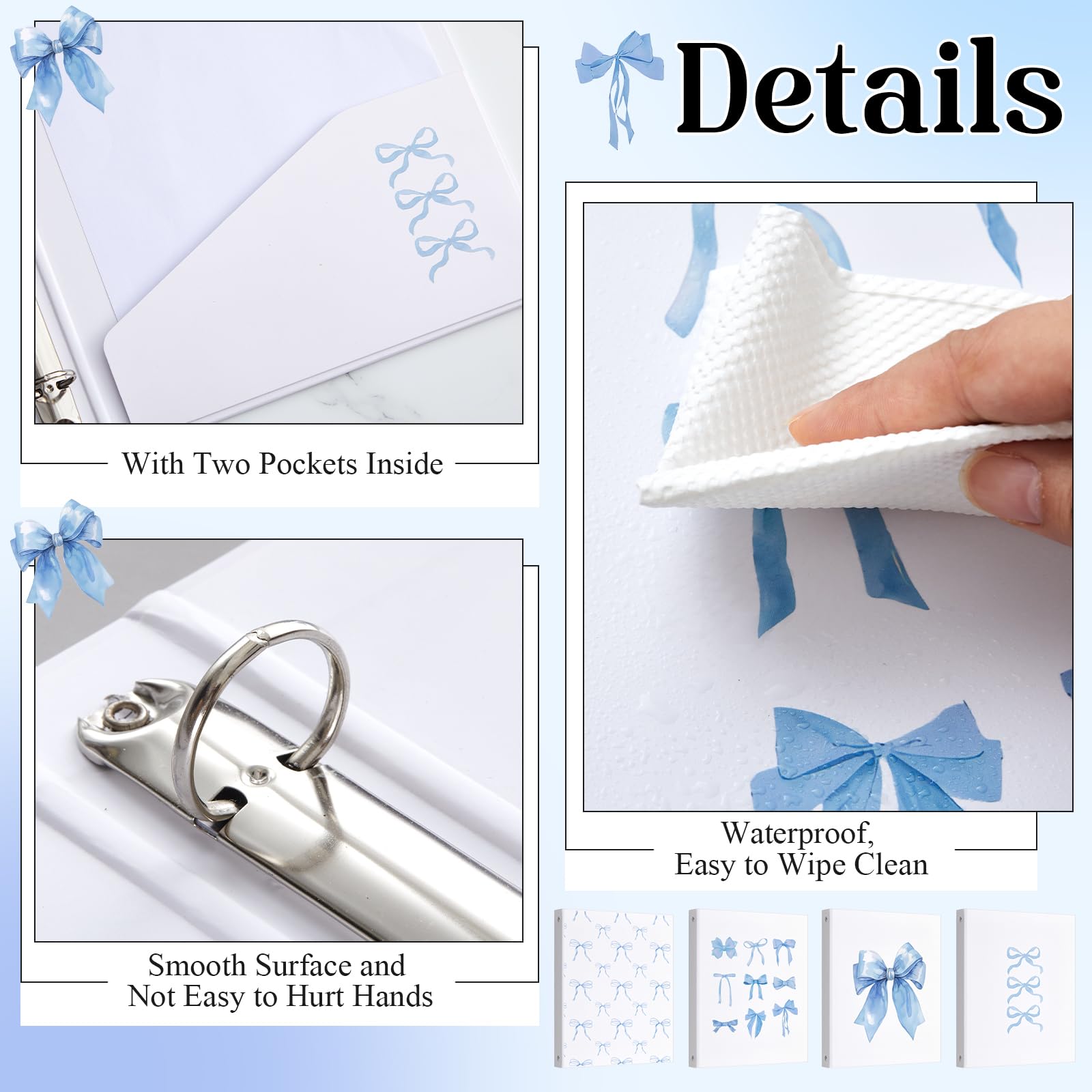 ReliThick 4 raccoglitori a 3 anelli con fiocco, anello rotondo da 2,5 cm con tasche interne, raccoglitori per appunti, forniture scolastiche per scuola e ufficio, carta A4 (25 x 4 x 30 cm, blu)