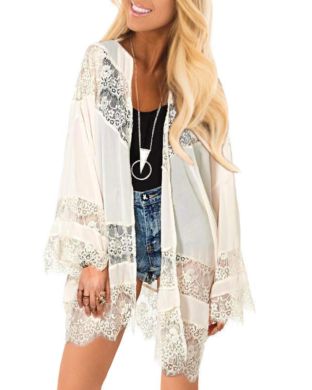 Celmia Women Loose Kimono Cardigan Shawl Chiffon Lace Crochet Flower Blouses Top