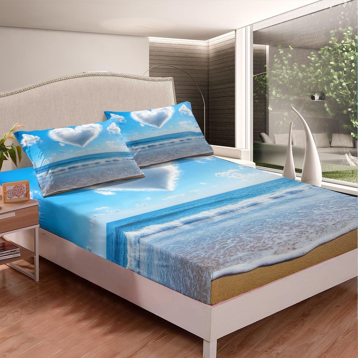 Drap Housse 180x200 cm Océan, 3D Mer Bleue Drap-Housse en Microfibre, Drap Plat 2 Personnes avec 2 Taie d'oreillers pour Matelas Épais C.L651
