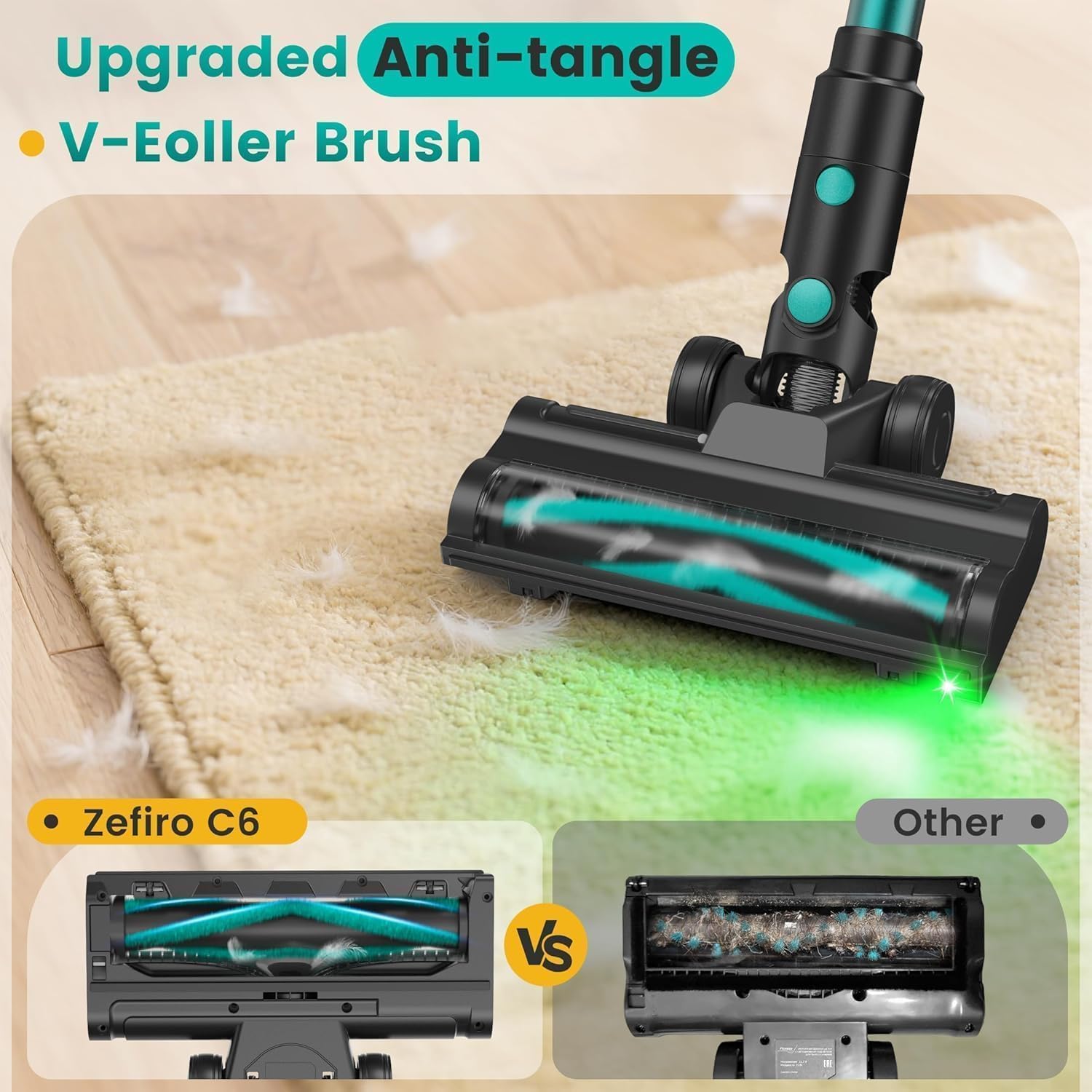 Zefiro Cordless Vacuum Cleaner, 450W 40kPa Stick Vacuum | 45Mins Vacuum Cleaners for Home, Anti-Tangle 1.5L Cup, Lightweight Vacuum for Floor Carpet Pet Hair