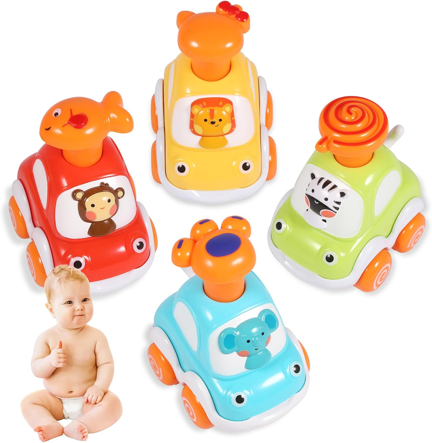 PAMIYO 4 Pcs Toddler Toy Cars, Cartoon Animal Toy Cars, Baby Cars Toys