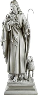Garden Statue - Jesus The Good Shepherd Stone-Resin Indoor/Outdoor Catholic Sculpture, 28" Tall, Standing with Sheep