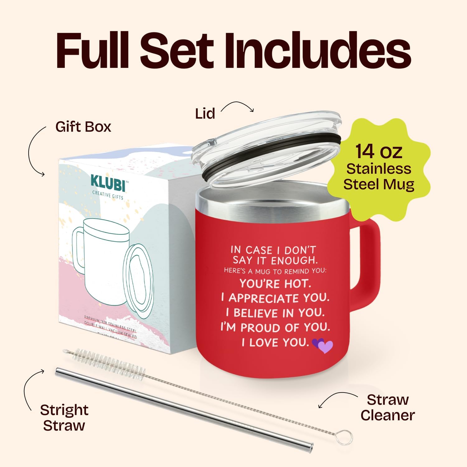 KLUBI Gifts for Wife - In Case I Don't Say It Enough Cup 14oz Red Couples Mug Romantic Gift for Her Coffee Cup for Girlfriend Wife Birthday Gift for Wife Mugs for Birthday - Image 3