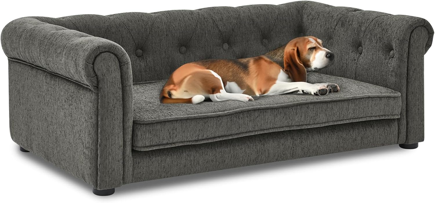 39" Dog Sofa Couch Bed for Small, Medium, Large Dogs, Soft Memory Foam Pet Sofa with Removable Cover, Comfortable Pet Couch with Backrest and Armrests, Easy to Clean and Maintain（Dark Grey）