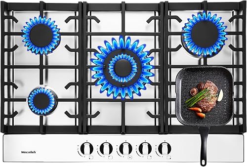 Estufa de cocina de gas de 30 pulgadas con 5 quemadores 35900 BTU, rejillas continuas de combustible dual LPGNG, encendido automático, protección de