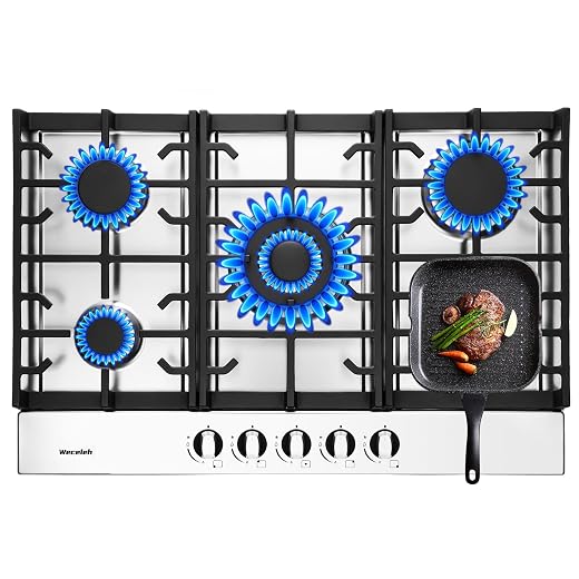 30 Inch Gas Cooktop, 5 Burners Built in Gas Stove Top | NG/LPG Convertible Propane Cooktop, Auto Ignition, Stainless Steel Surface, Cast Iron Grates, Thermocouple Protection, ETL