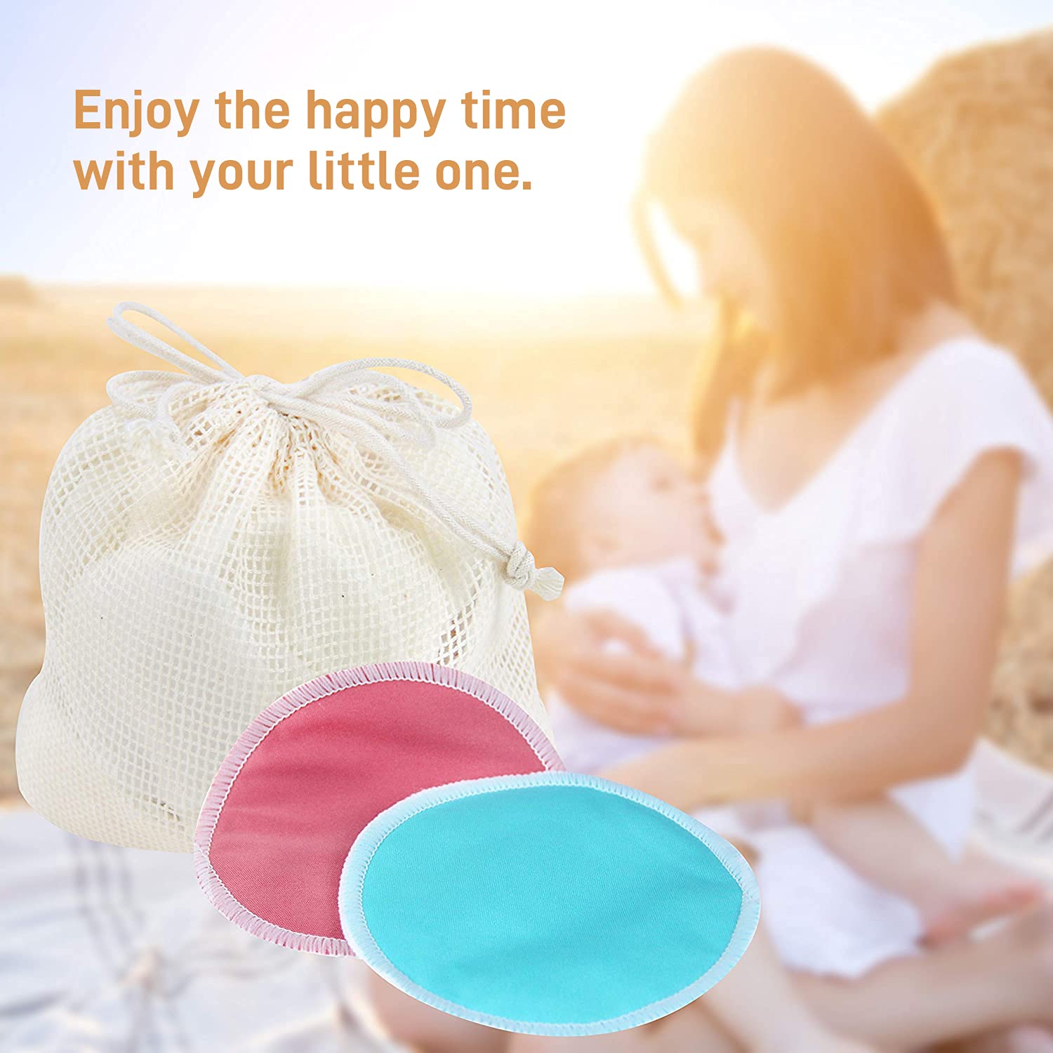 Langsprit Leak-Proof Reusable Bamboo Nursing Pads (14 Pack), Super Absorbent Washable Breast Pads with Laundry Bag (Original, Round)