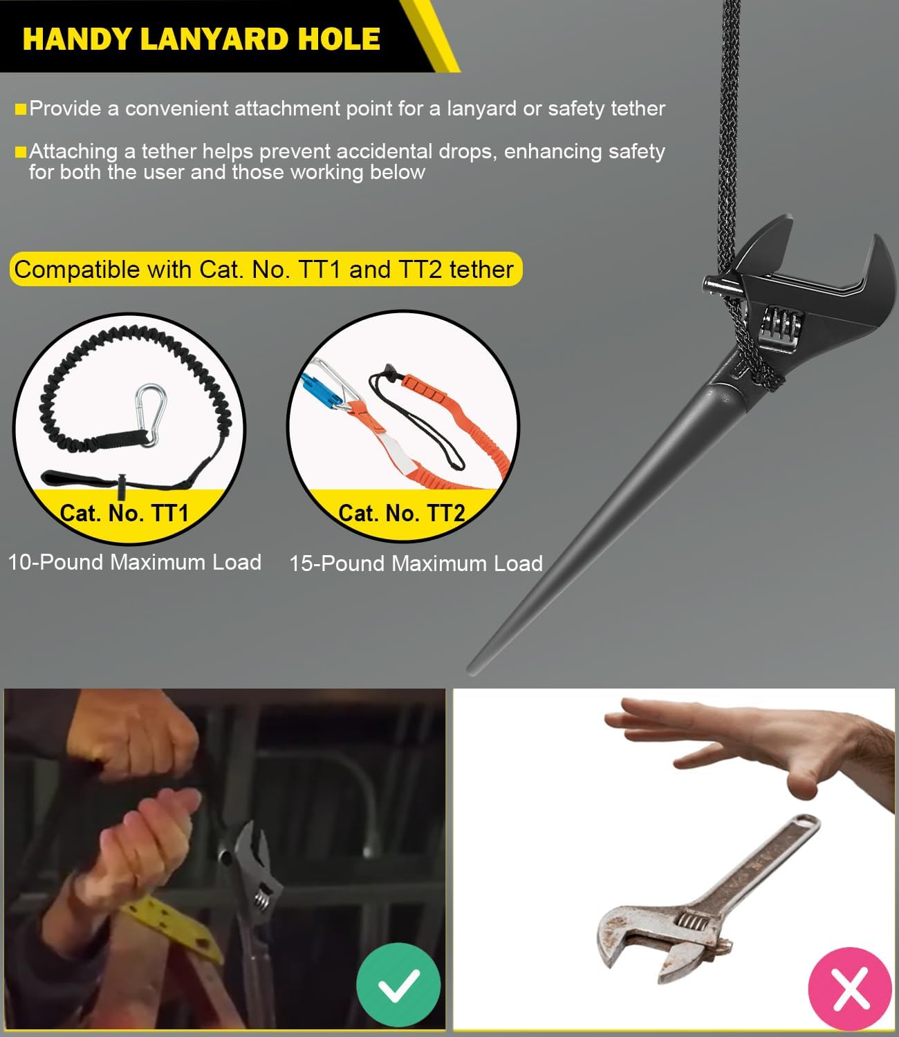 3227 Extra Wide Adjustable Wrench, Spud Wrench with Tether Hole for Up to 1-7/16-Inch Nuts and Bolts, 10 Inch