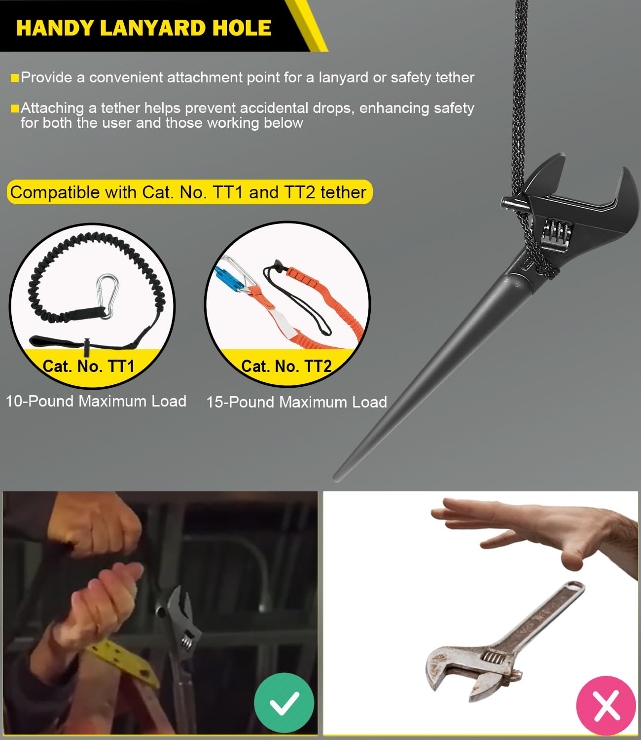 3277 Llave ajustable extra ancha, llave de espiga con agujero de sujeción para tuercas y pernos de hasta 1-7/16 pulgadas, 10 pulgadas