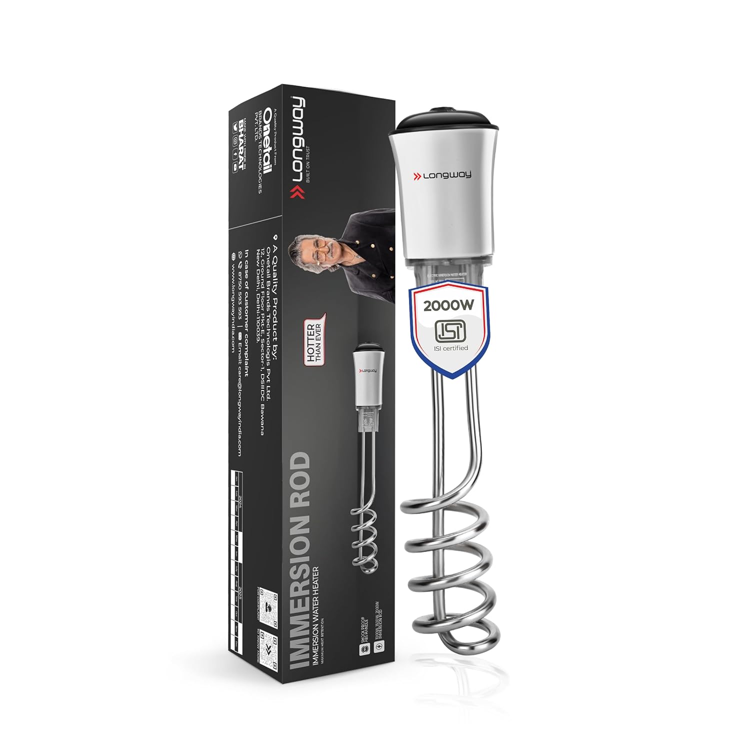 Longway LWIR01 2000W Immersion Water Heater | Anti-Corrosive & Shockproof Immersion Rod with Fast Heating Coil Technology | Nickel Plated | ISI Certified | 2 Years Replacement Warranty (White)