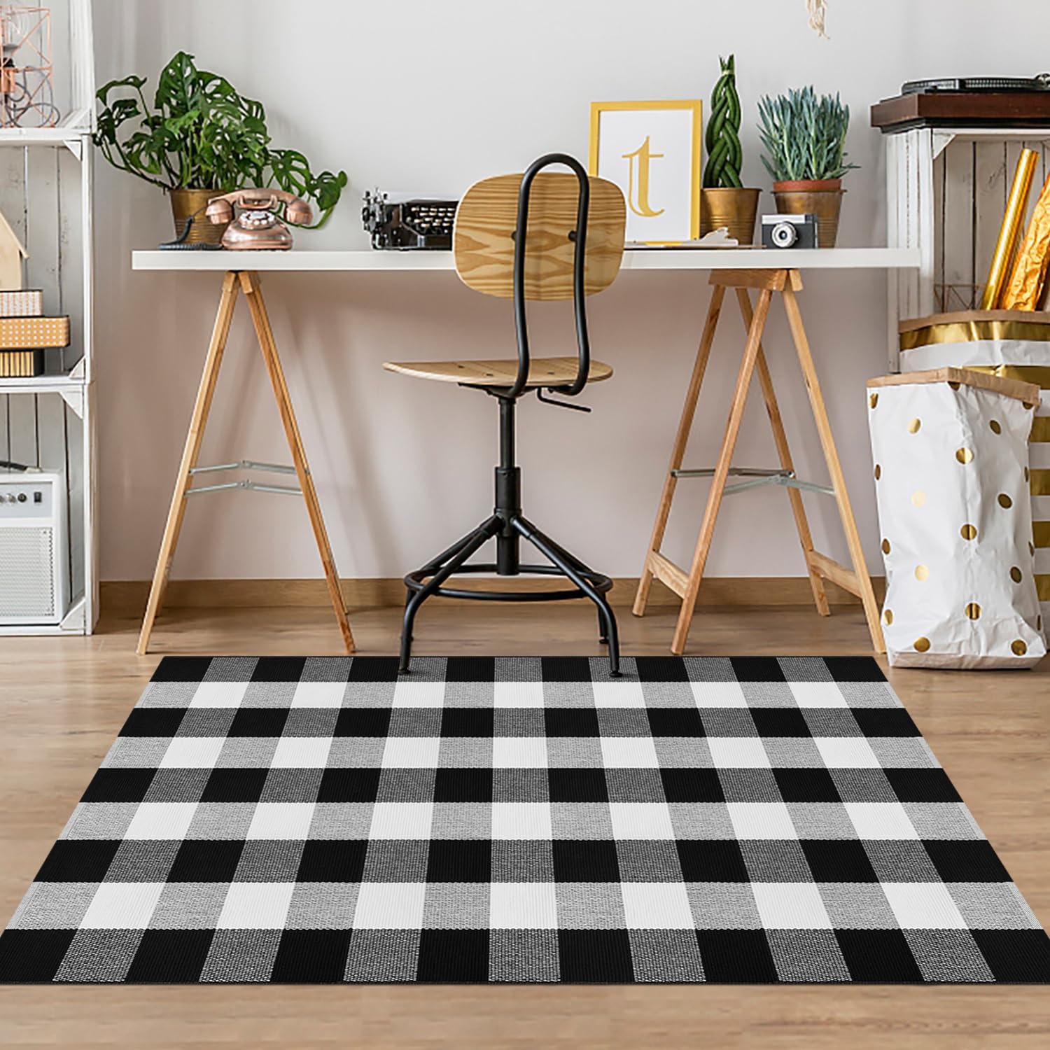 Buffalo Plaid Area Rug 3x5 Front Door Mat Black and White Checkered Rug Washable Indoor Outdoor Rugs Hand Woven Cotton Bath Rug for Entryway Farmhouse Patio Bedroom