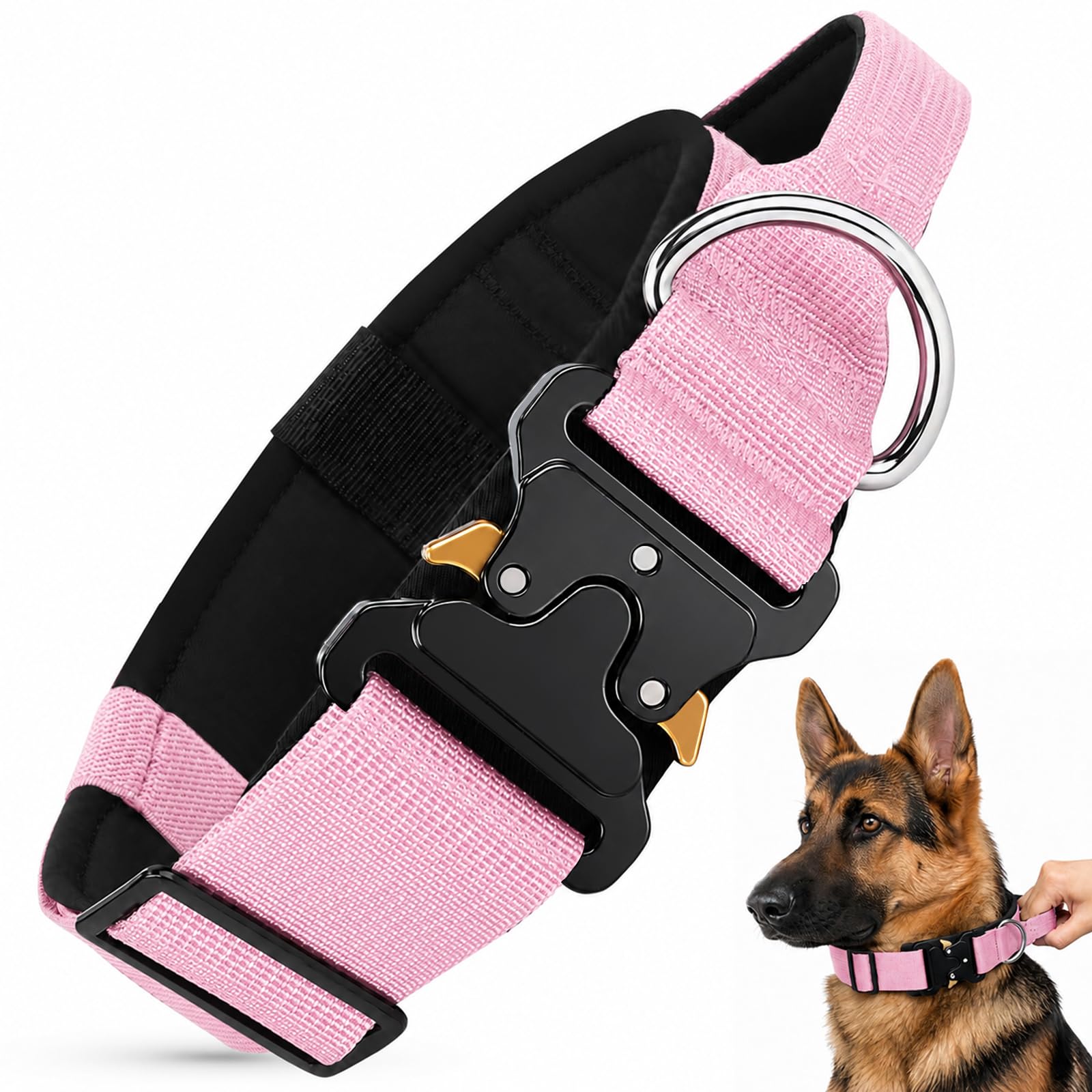 Collar Táctico Perro, Collar Militar Ajustable para Perro Grande Mediano, 3,8 cm de Ancho, Collar Perros Nylon con Mango y Hebilla de Metal Liberación Rápida (Rosa, L)
