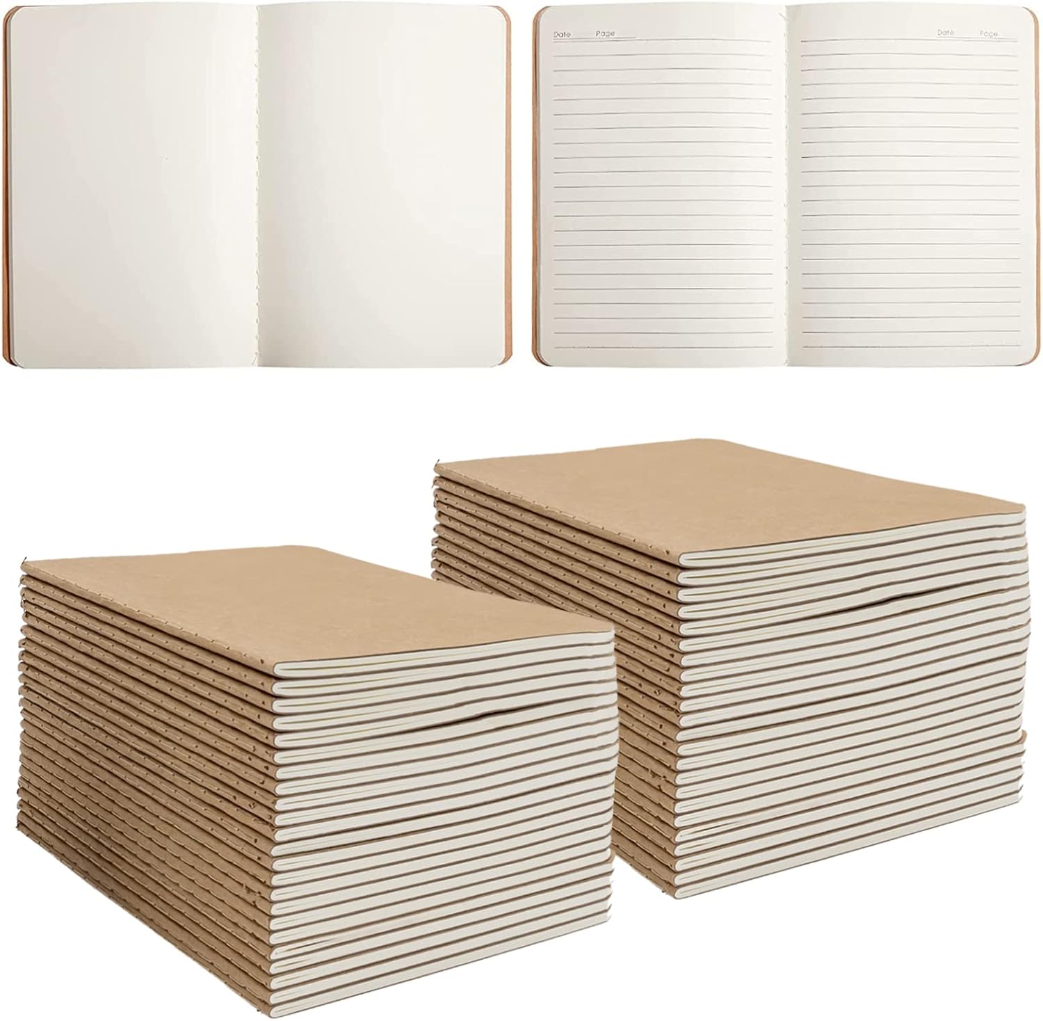 48 Pack A5 Kraft Notebooks Bulk, 8.3x5.5" Lined and Blank Journals for Writing, 68 Pages (34 Sheets) Small Sketchbooks for Kids, Students & Office, Subject Memo Notepads for School & Travel