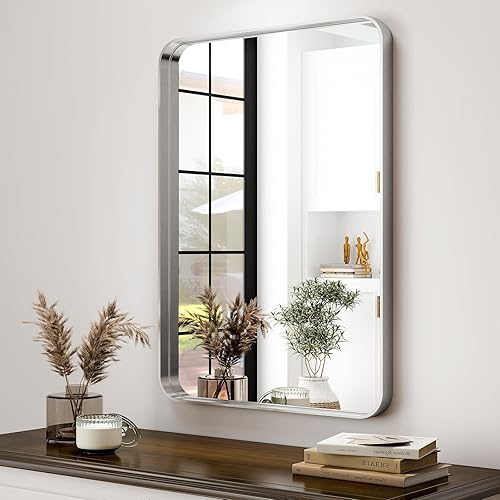 Vista 47 de Espejo de baño dorado de 30 x 22 pulgadas para pared, marco de aleación de aluminio, espejo rectangular montado en la pared para decoración