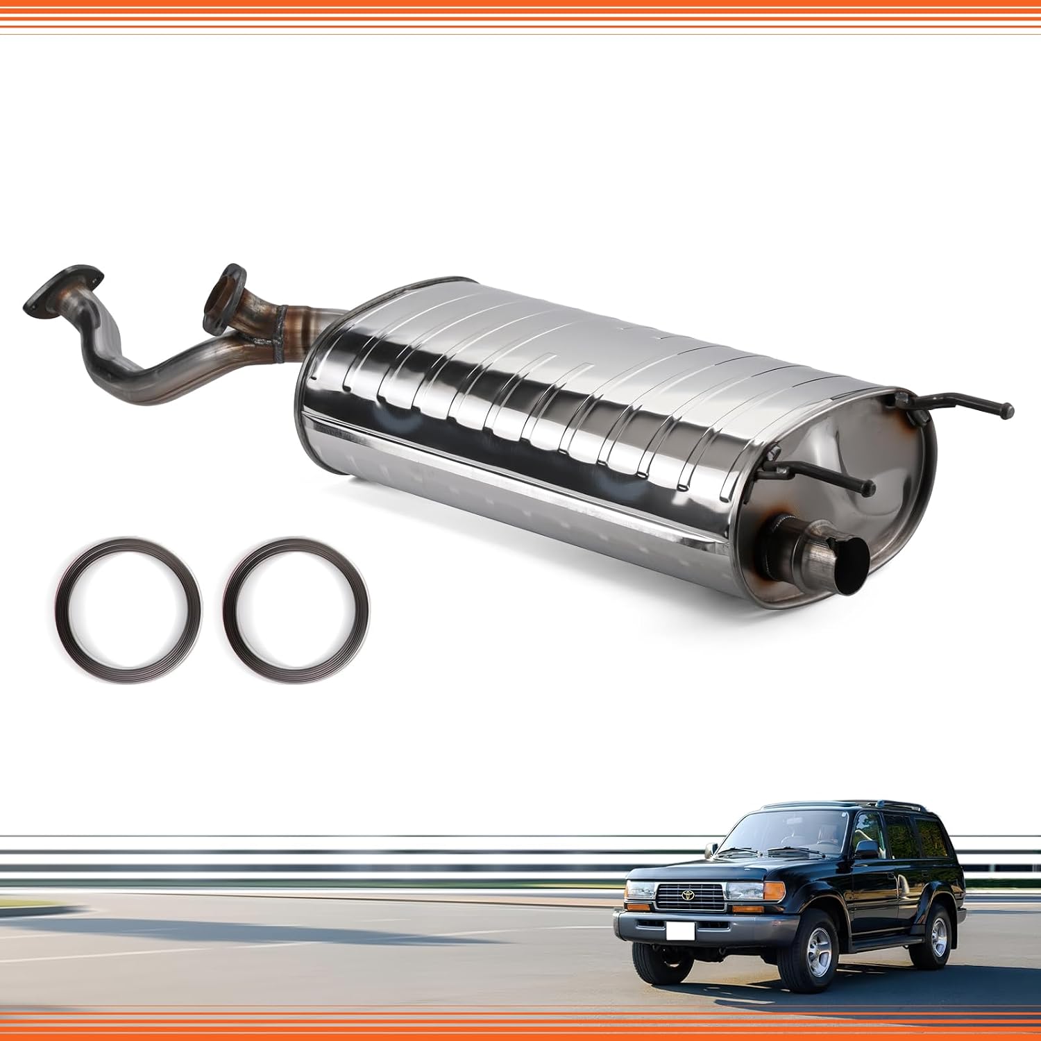 Exhaust Muffler 409 Stainless Steel Compatible with Toyota Land Cruiser 1997-2007 Lexus LX470 1998-2007 4.7L Gaskets Bolt Kit Included OE#17403-50151 (VK-LX470-1)