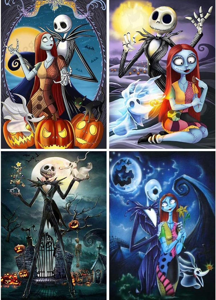 4 Pack 5D Full Drill Diamond Painting Kit, KISSBUTY DIY Diamond Rhinestone Painting Kits for Adults and Beginner Diamond Arts Craft Home Decor, 15.8 X 11.8 Inch (Jack Sally Halloween Skull)