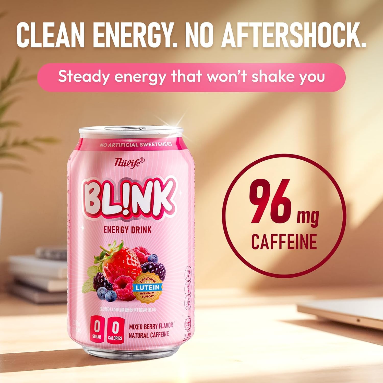 NÜLIFE Sugar Free Energy Drink - BL!NK, 96mg Natural Caffeine, Lutein for Eye Support, Vitamin Enriched, Healthy Clean Energy No Artificial Sweetener, Mixed Berry, 11.16 Fl Oz (Pack of 12)