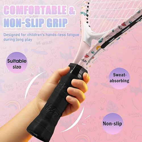 Miniatura 3 de Raqueta de tenis para niños y niñas de 2 a 12 años, raqueta de tenis juvenil multicolor y estilo para principiantes, incluye bolsa de nailon 420D