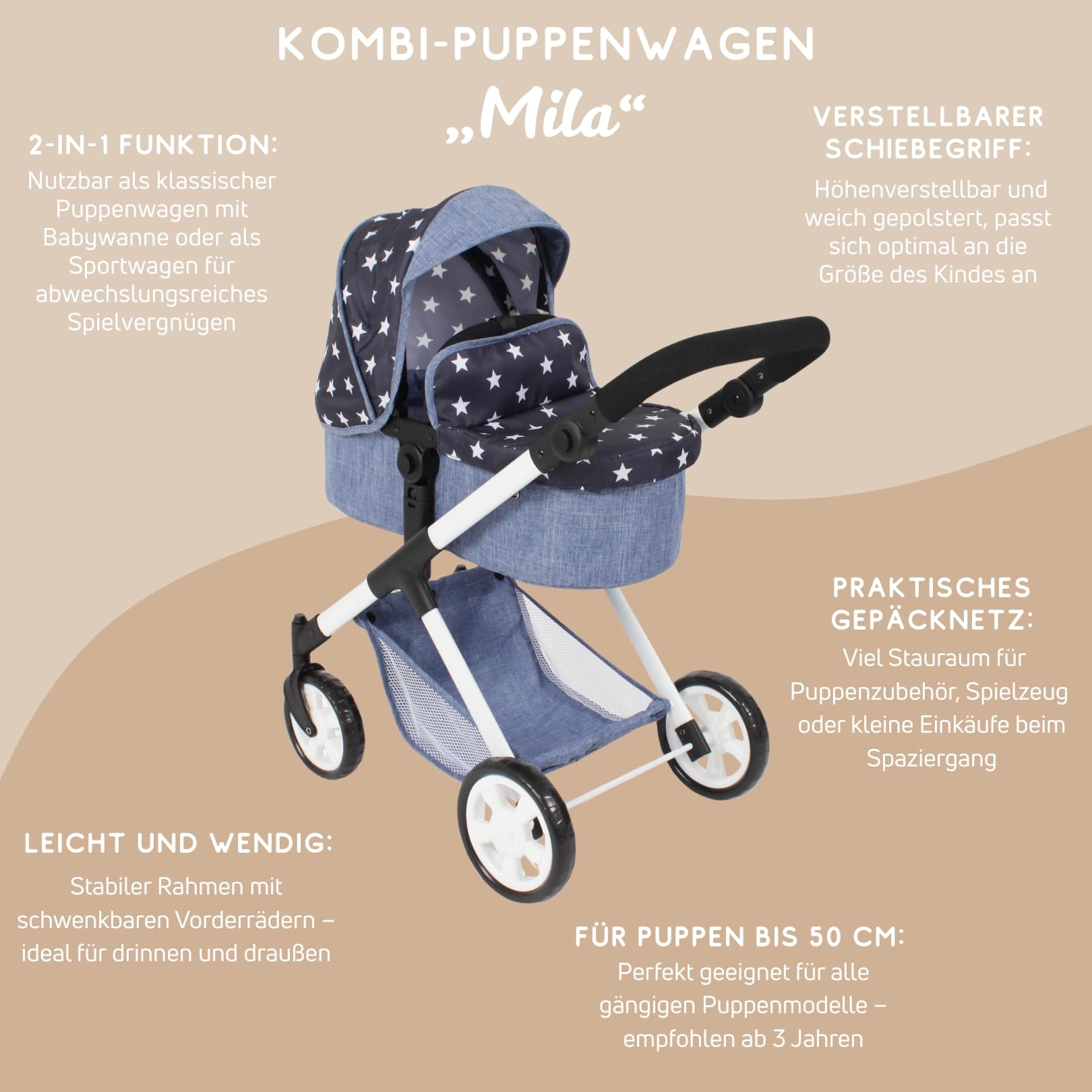 Bayer Chic 2000 2 w 1 wózek dla lalek Mila – gwiazdka granatowa – uchwyt z regulacją wysokości 39-72 cm – nowoczesny stelaż – lalki do 50 cm – 3-7 J.