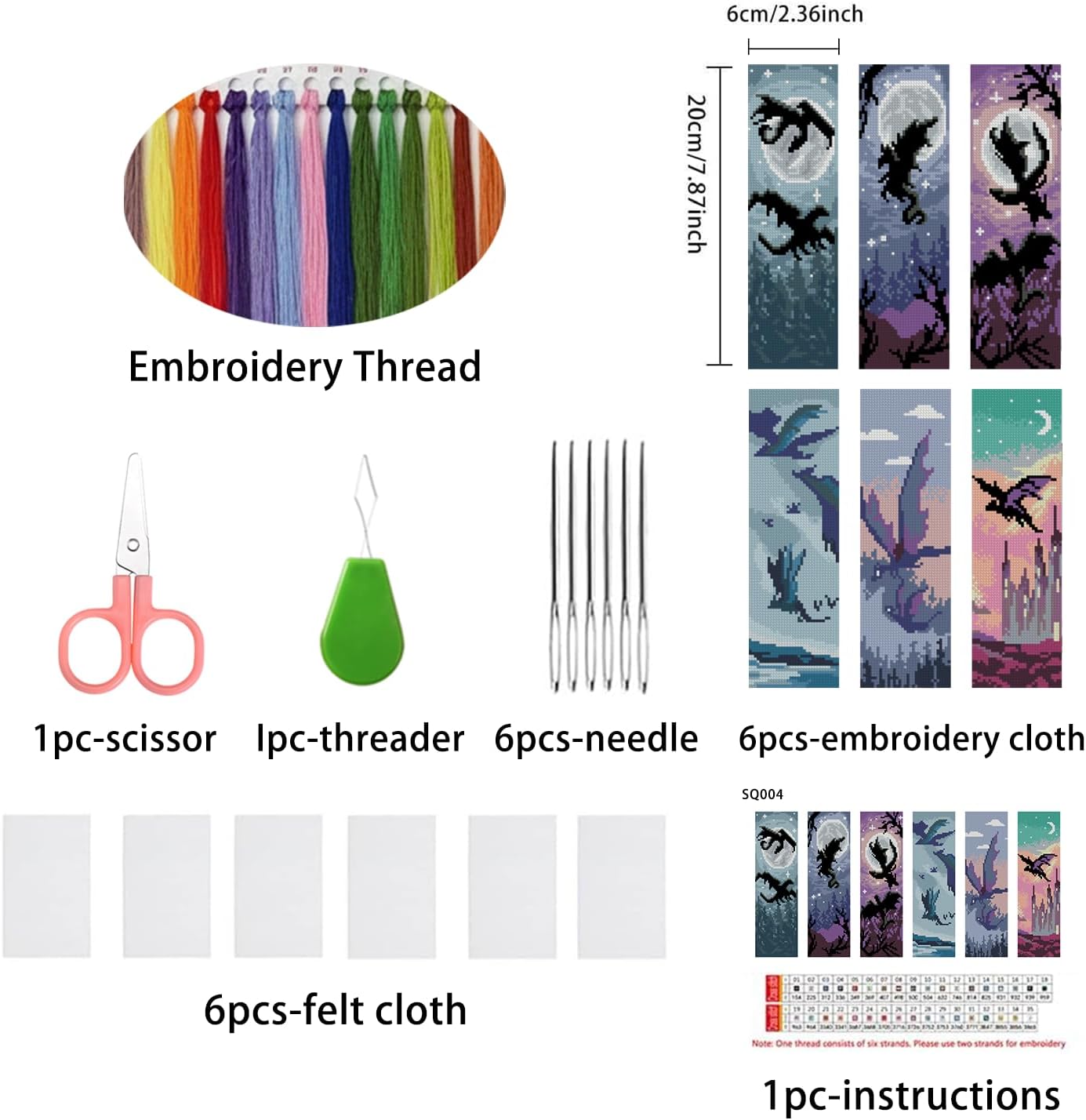 DYAIANGMU Dragon 6 Pcs Cross Stitch Bookmark Kit for Beginner with Backing Felt Floss Instruction DIY Stamped Embroidery Bookmark Kit for Starter Adults Book Lovers (2.3x7.8 inch)
