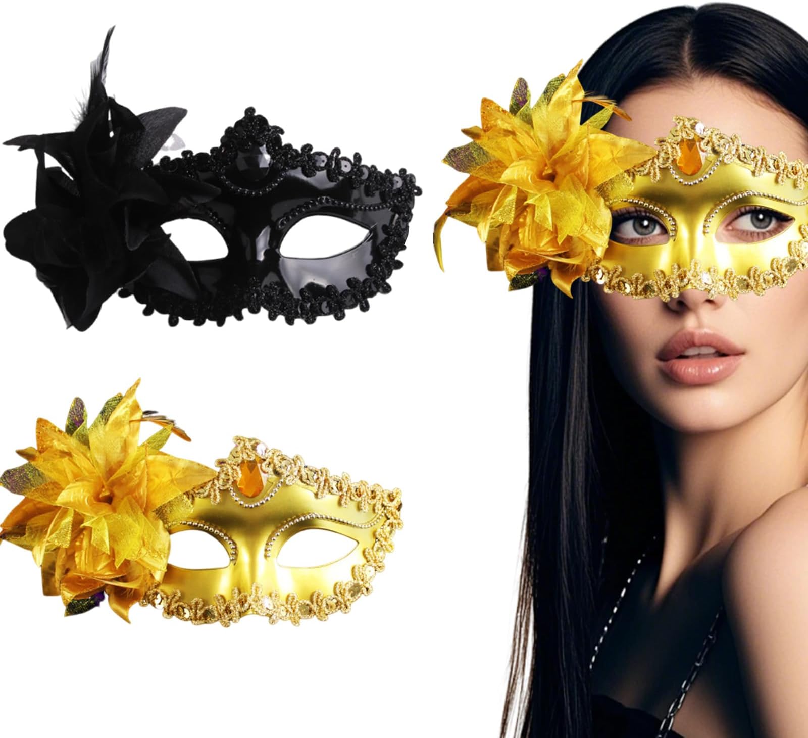 2pcs Masquerade Mask for Women and Men, Party Fashion Golden Black Eye Mask, Halloween Costume for Ladies, Cosplay Birthday