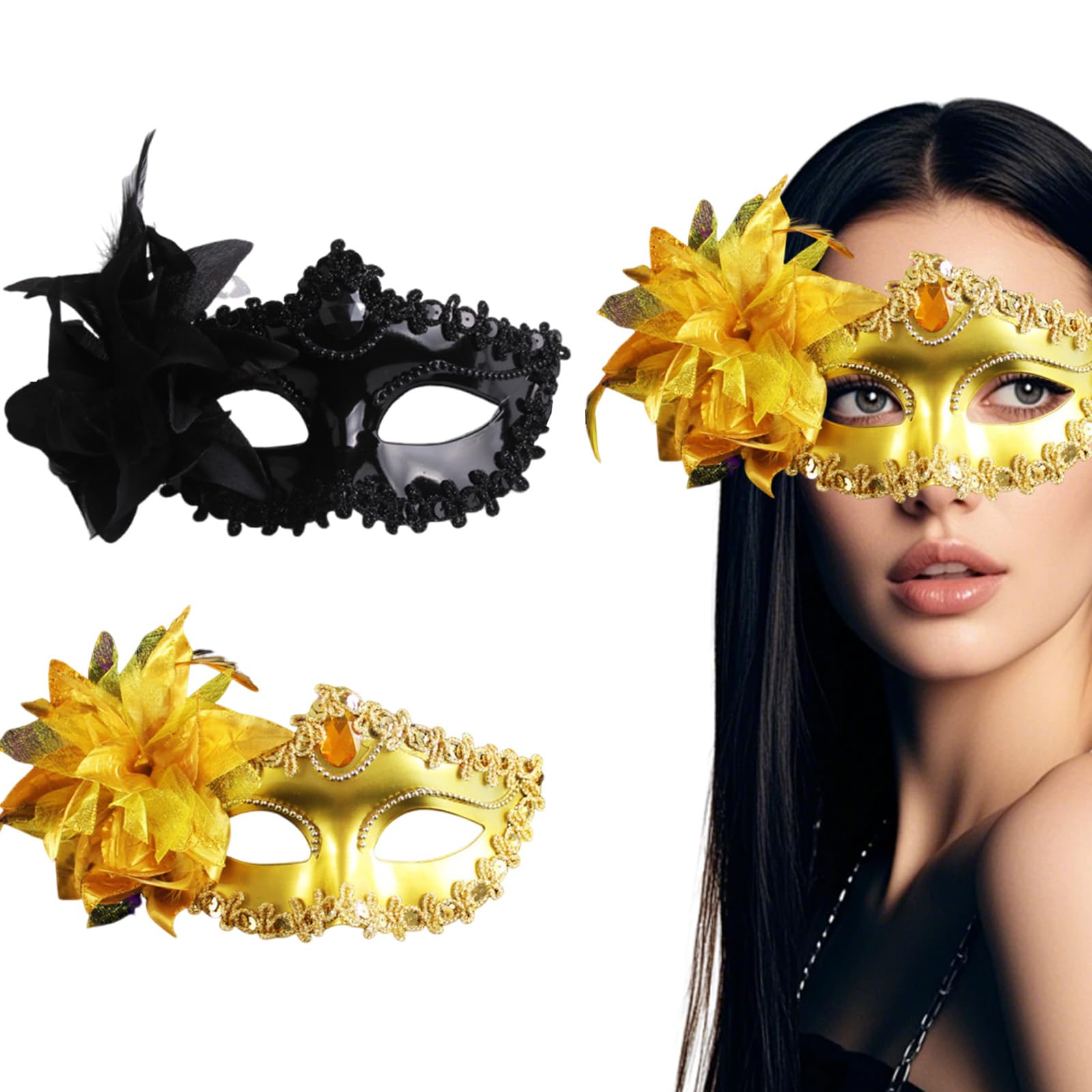 2pcs Masquerade Mask for Women and Men, Party Fashion Golden Black Eye Mask, Halloween Costume for Ladies, Cosplay Birthday