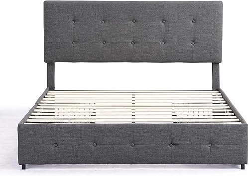 Miniatura 6 de Base de cama tapizada de tamaño Queen con 4 cajones y cabecera ajustable, botón cuadrado cosido acolchonado, soporte de listones de madera, no