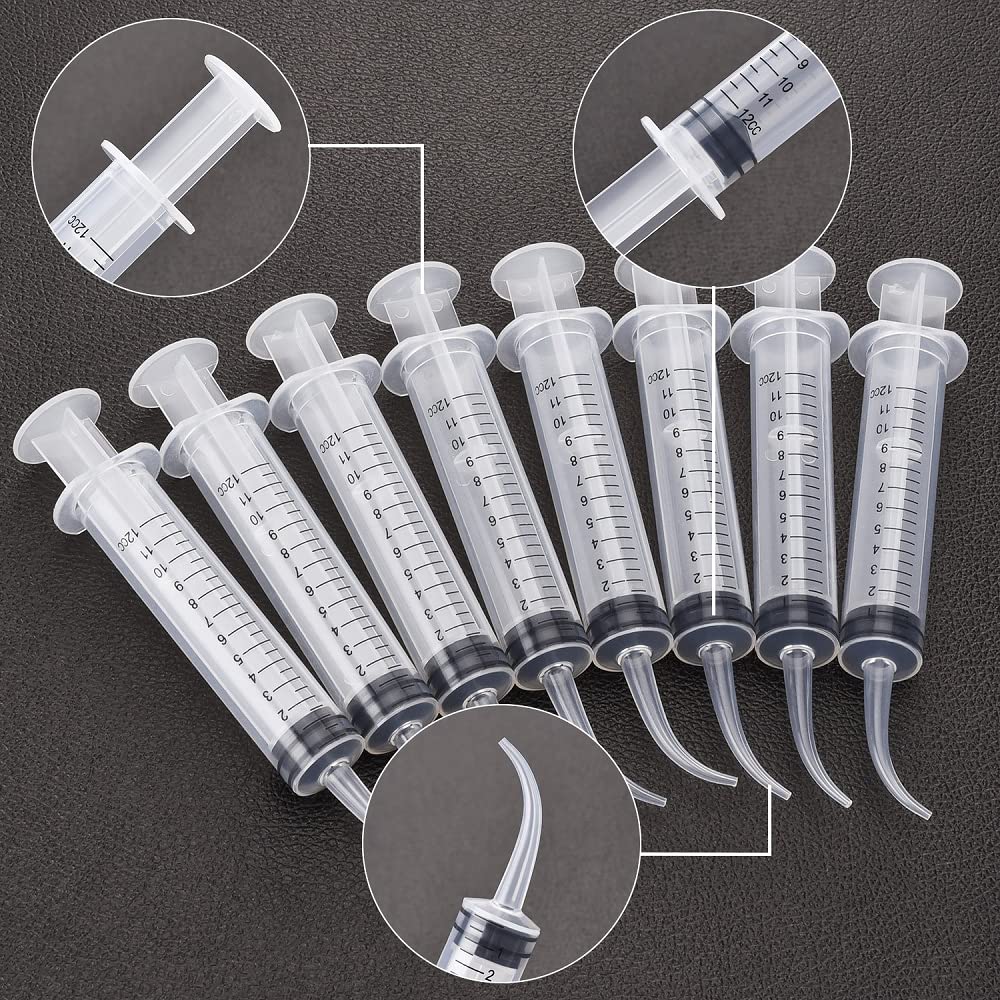 Plastic Dental Syringe 8pcs 12cc Disposable Curved Syringe Irrigation Syringe with Curved Tip for Oral Dental Care, Tonsil Stones Removing, Lab, Feeding Small Pet, Glue with Measurement