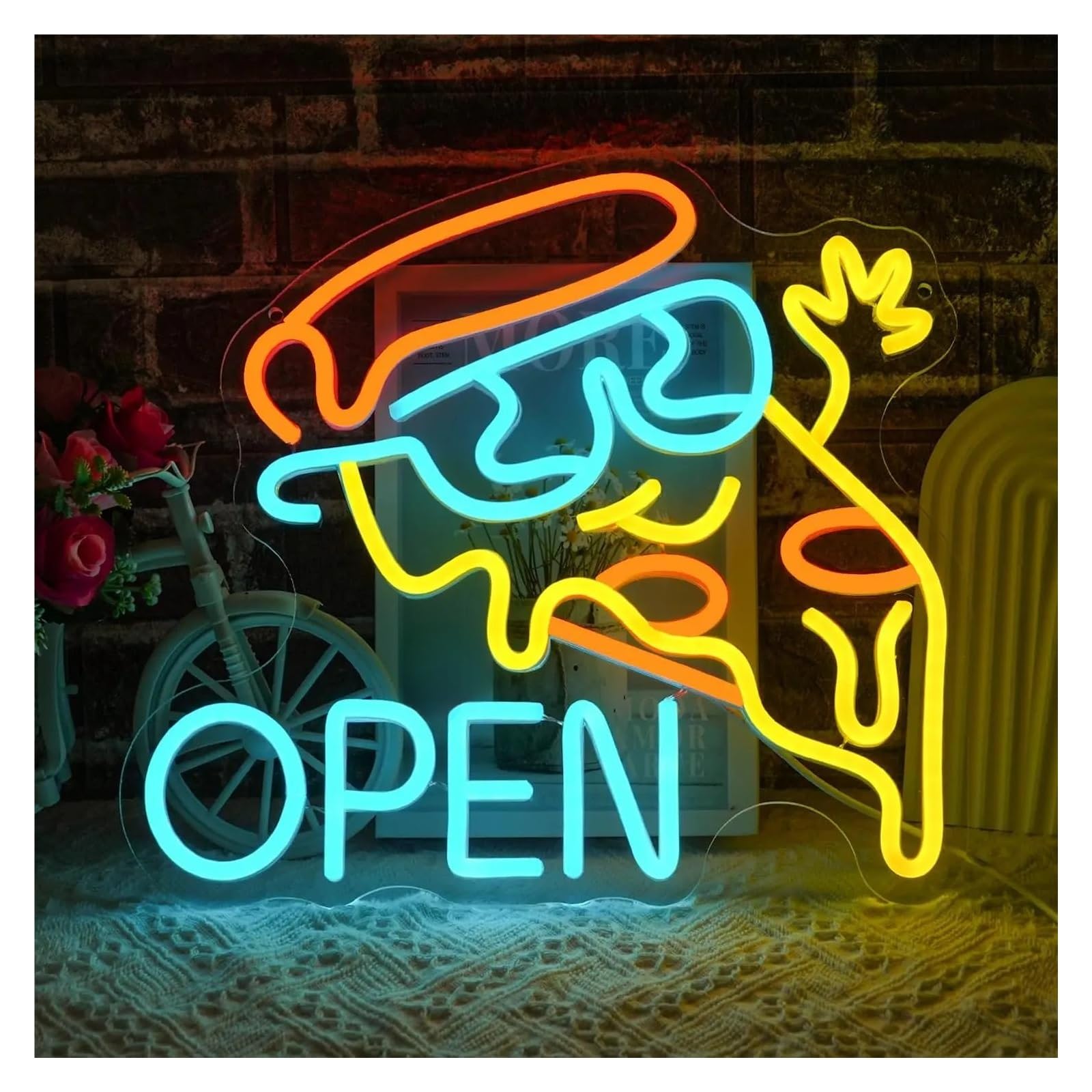 XENITE Hanging Art Neon Signs Pizza Open Neon Sign LED Light Dimmable USB Powered for Fast Food Restaurant Kitchen Store Party Business Wall Decor 13.7inx12.5in