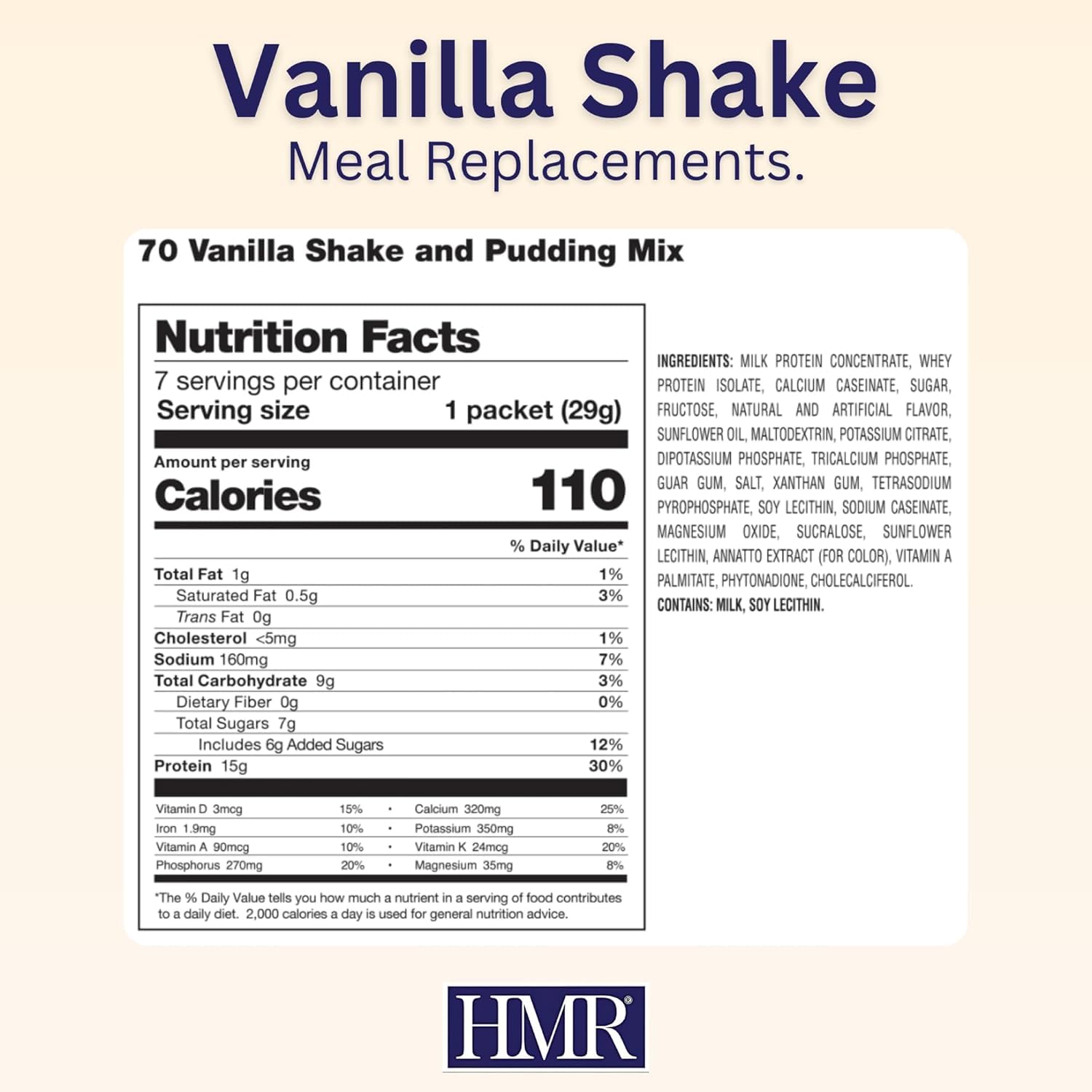 HMR 70 Plus Shake & Pudding Mix | Meal Replacement Powder | Lactose-Free | 15g Protein | Easy to Make | Low Calorie (7.35 Ounce (Pack of 1)) (7.35 Ounce (Pack of 1), Vanilla)