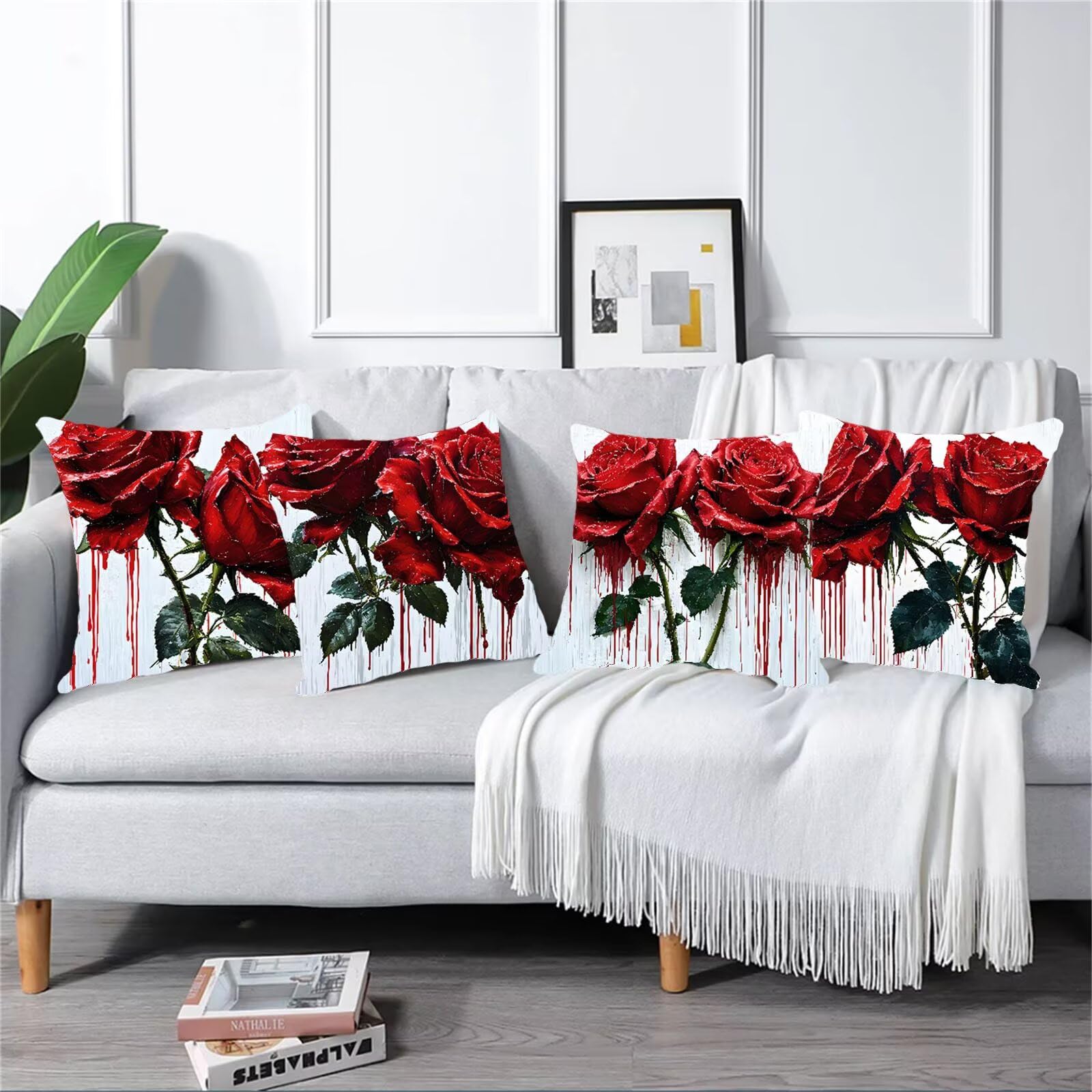Kissenbezug 65x65 4er Set, Outdoor Kissen Rot Sofakissen, Wasserdicht Kissenbezüge Rose Dekokissen mit Unsichtbarem Reißverschluss, Zierkissenbezüge für Schlafzimmer Sofa Stuhl Bett Garten G1-588
