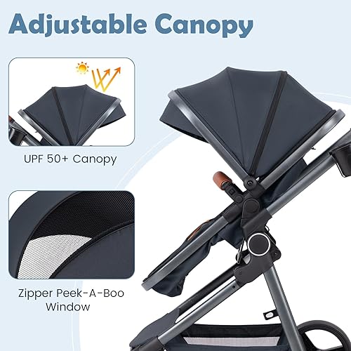 Miniatura 6 de INFANS Cochecito de bebé convertible 2 en 1 de paisaje alto, cochecito reversible para recién nacido, silla plegable con toldo ajustable, estructura