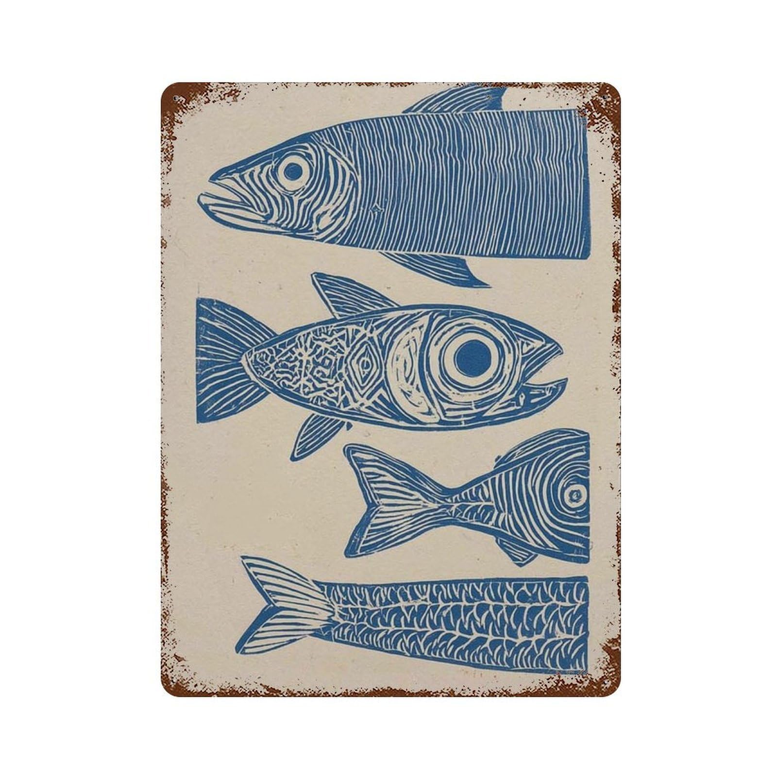 xiaoxiaoshen Fish Nautical Coastal Blue Linocut Style Modern Ocean Work Beach House Sea Life Wall Decor Art Metal Tin Poster Modern Home Decor Art Home Bar Shop Decorations Vintage Sign 40x30cm