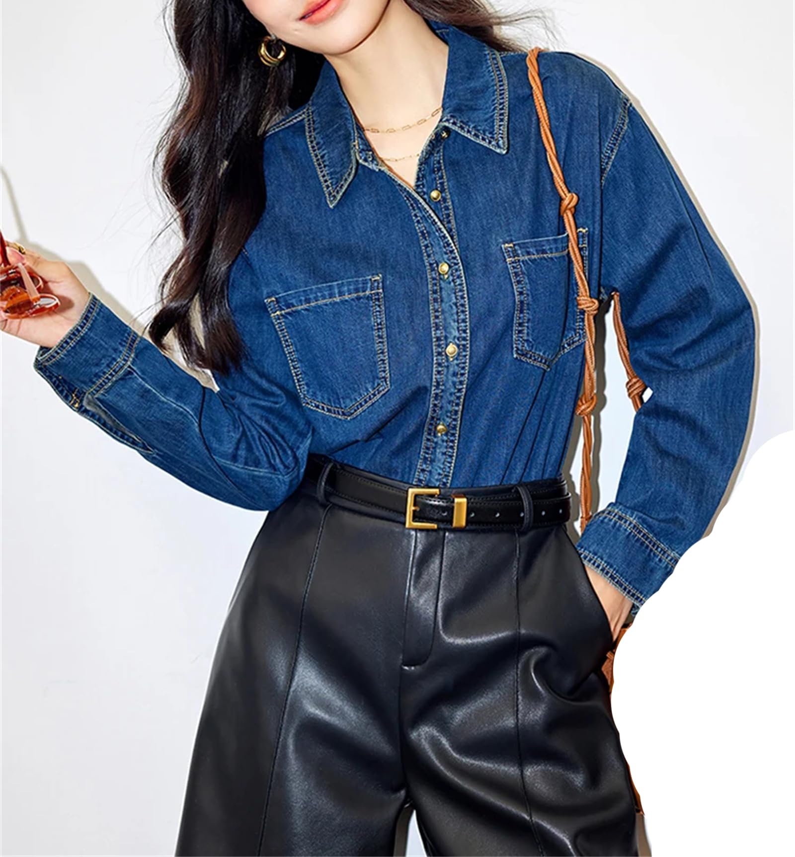 Yeuyyben Camicia da donna in denim a maniche lunghe, alla moda, casual, con colletto rovesciato, camicetta cappotto