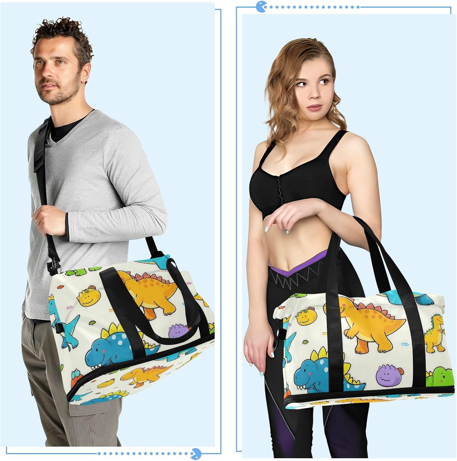 Beige Cute Dinosaur Gym Tote Bag Large Carry On Airport Bag with Adjustable Strap for Gym Waterproof