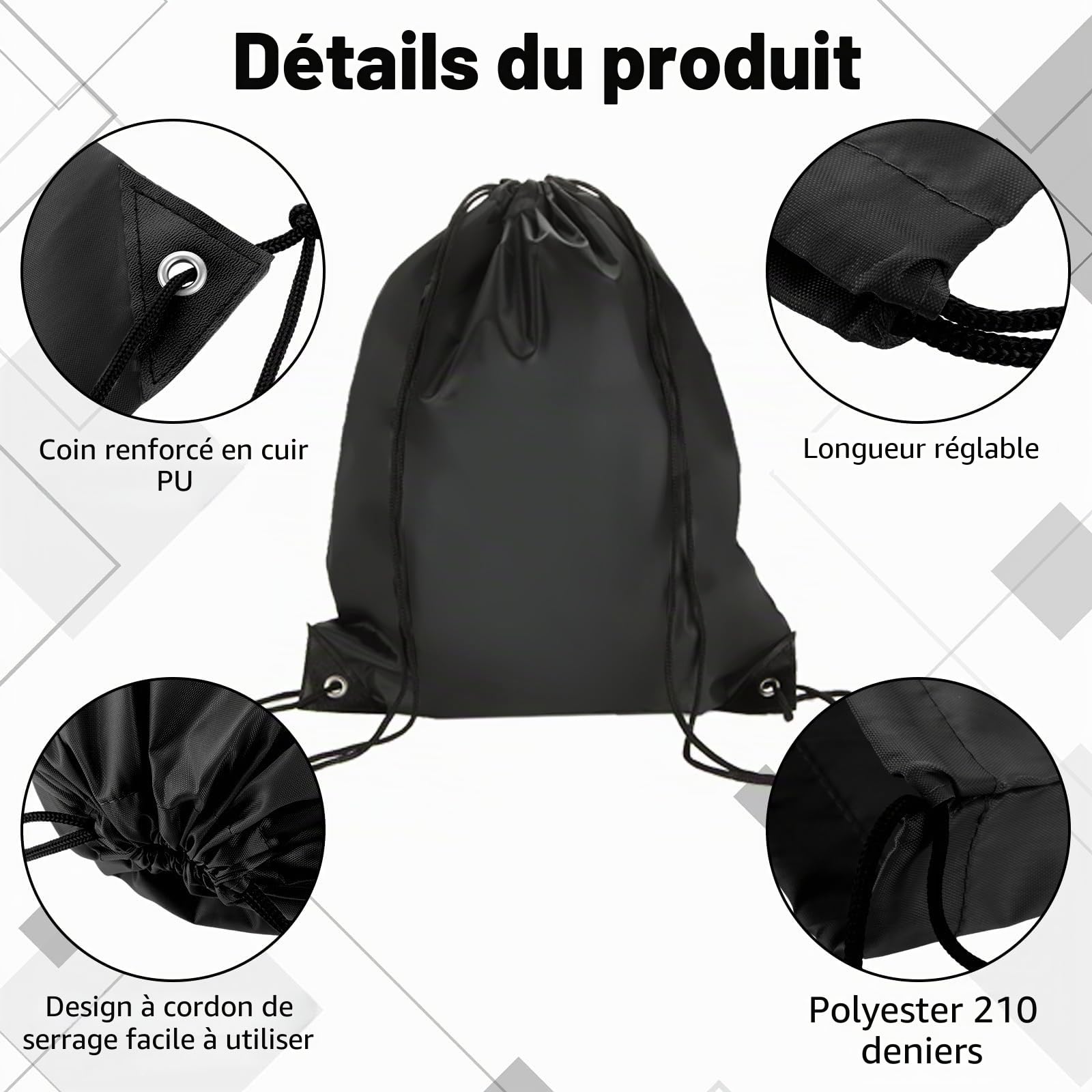 DAJAVE Lot de 40 sacs de gymnastique noirs avec cordon de serrage - En polyéthylène - Étanche - Pour le sport, l'école, la gym, les voyages, Noir , no, N°