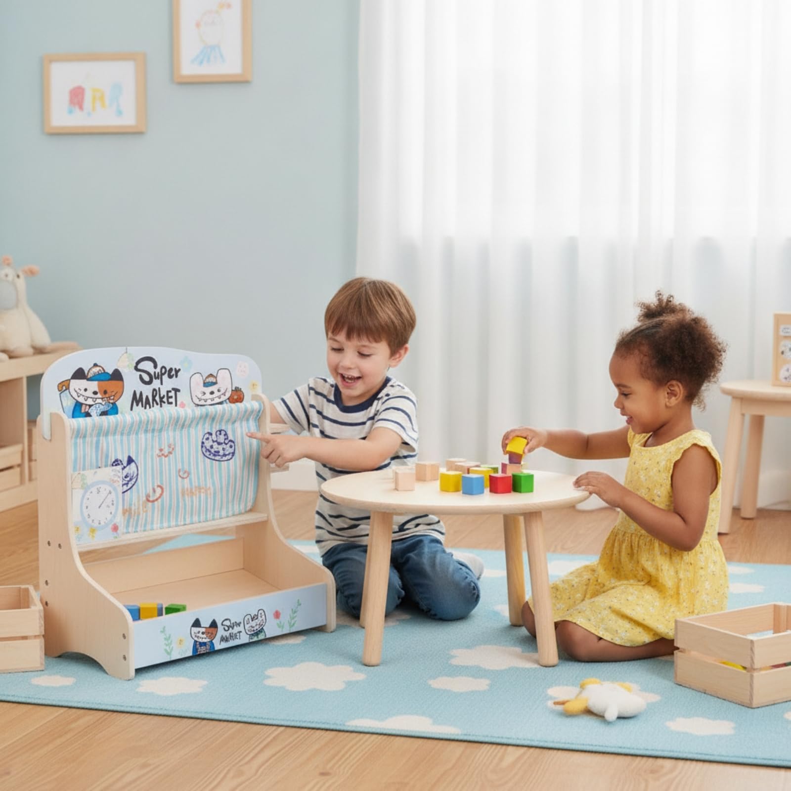 Juguete de Cocina para Niños Juego de Comida de Madera Alimentos Falsos de Madera Caja con Asas Cuchillo Infantil Piezas para Servir Estilo Dibujos